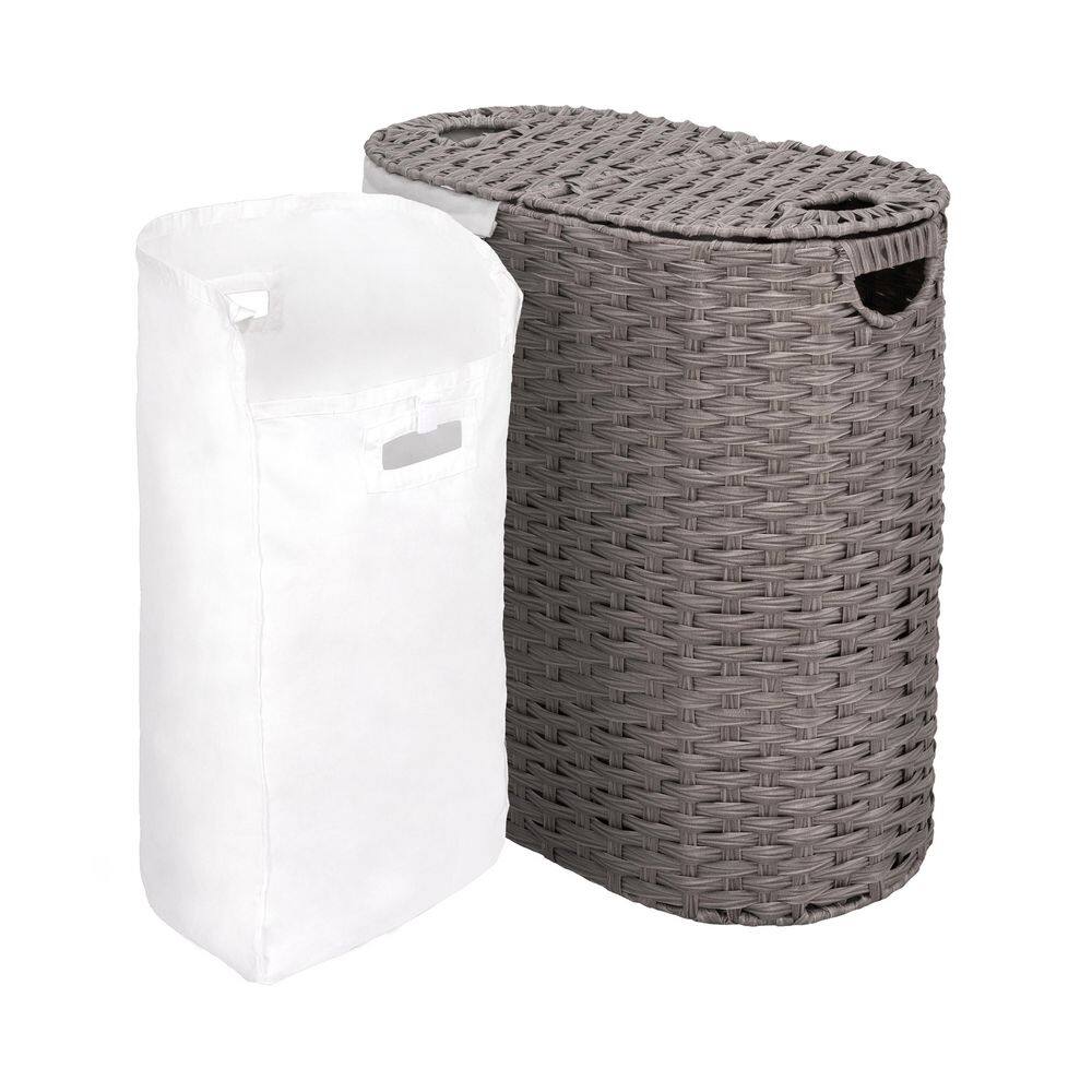 Seville Classics Gray 24 H x 22.75 W x 13 in. D Handwoven Plastic Contemporary Round Oval Double Laundry Room Hamper w/ Removable Liner STR06661B
