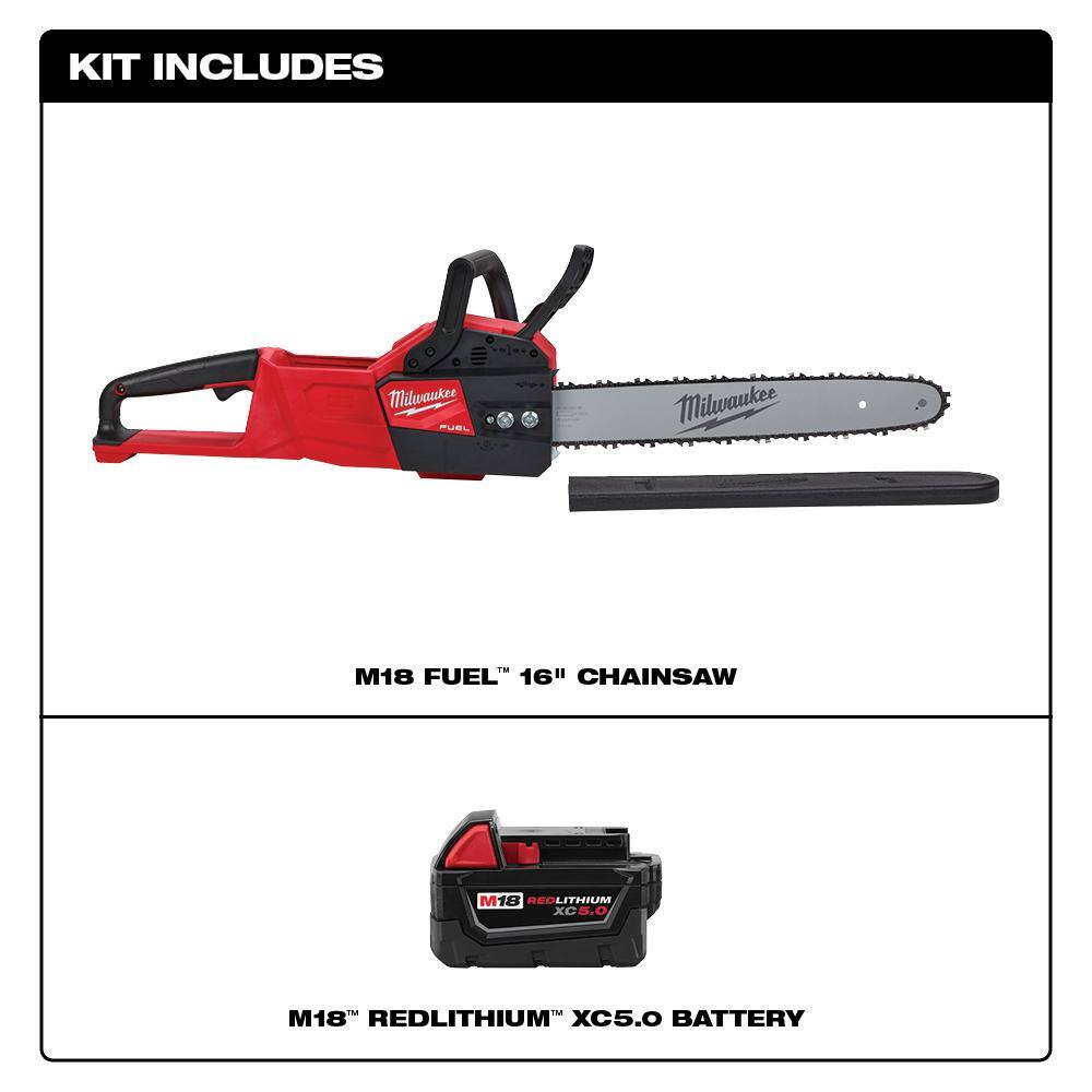 Milwaukee M18 FUEL 18V Lithium-Ion Brushless Battery 16 in. Chainsaw W/ M18 5.0Ah 2727-20-48-11-1850