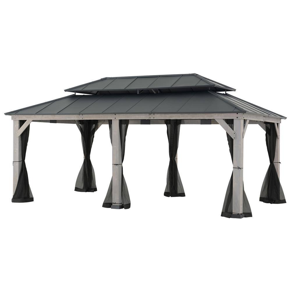 Sunjoy 12 ft. x 20 ft. Outdoor Matte Black Aluminum Hardtop and Cedar Framed Gazebo with 2-Tier Roof for Patios and Backyard A102032651