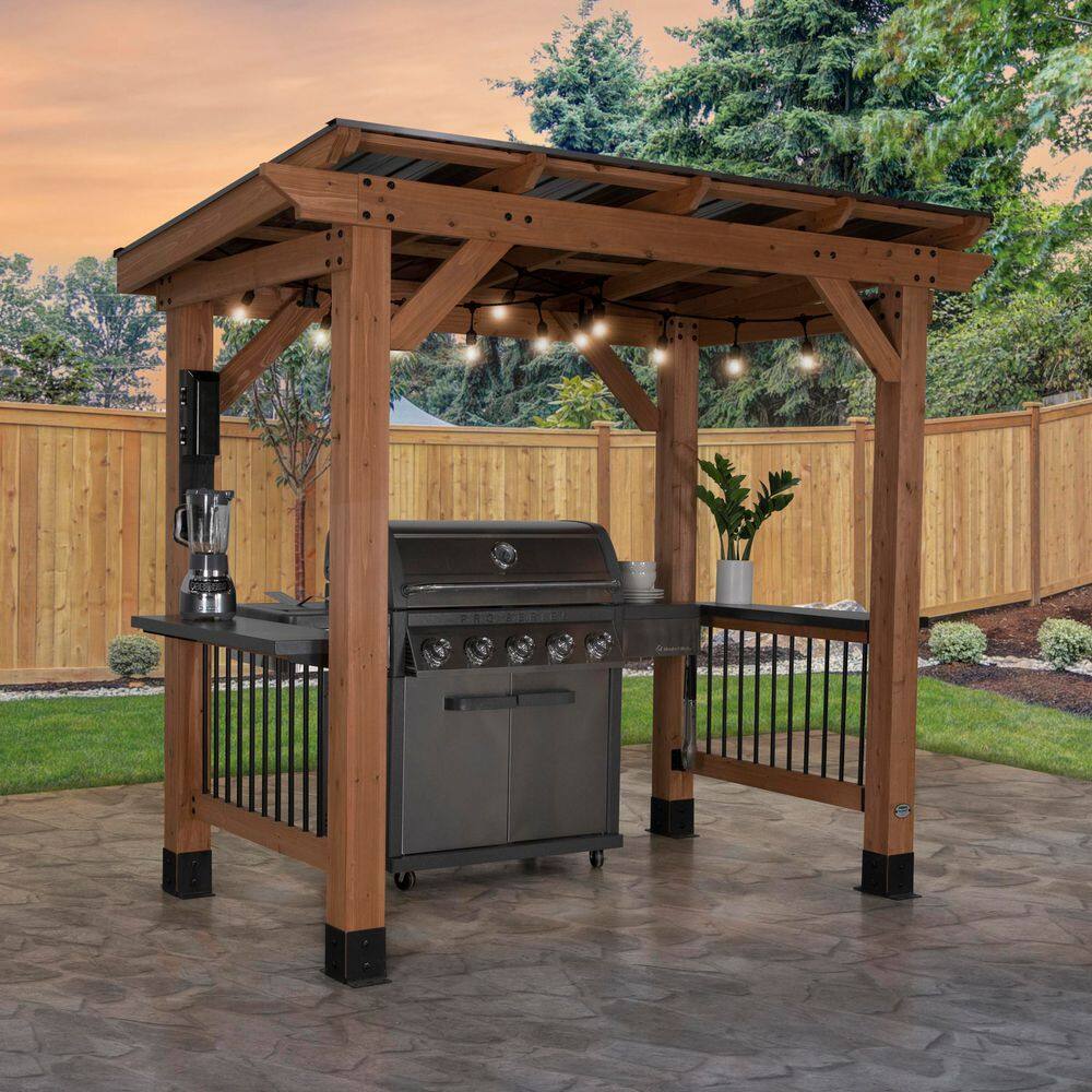 Backyard Discovery Saxony 8 ft. x 5 ft. All Cedar Wood Grill Gazebo with Hard Top Steel Roof, Powder Coated Steel Countertops and Electric 2104617com