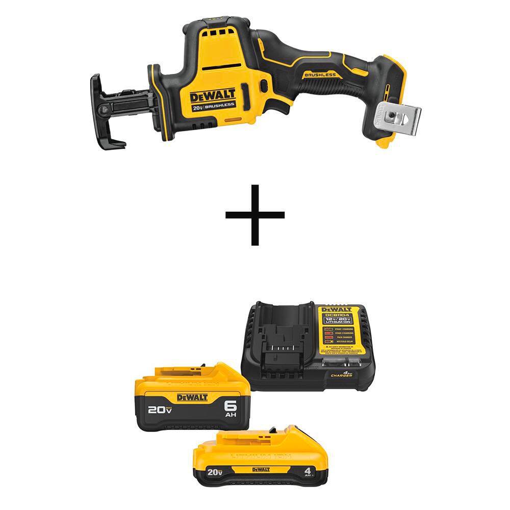 DEWALT ATOMIC 20V MAX Cordless Brushless Compact Reciprocating Saw, (1) 20V 6.0Ah and (1) 20V 4.0Ah Batteries, and Charger DCS369BWCB2460C
