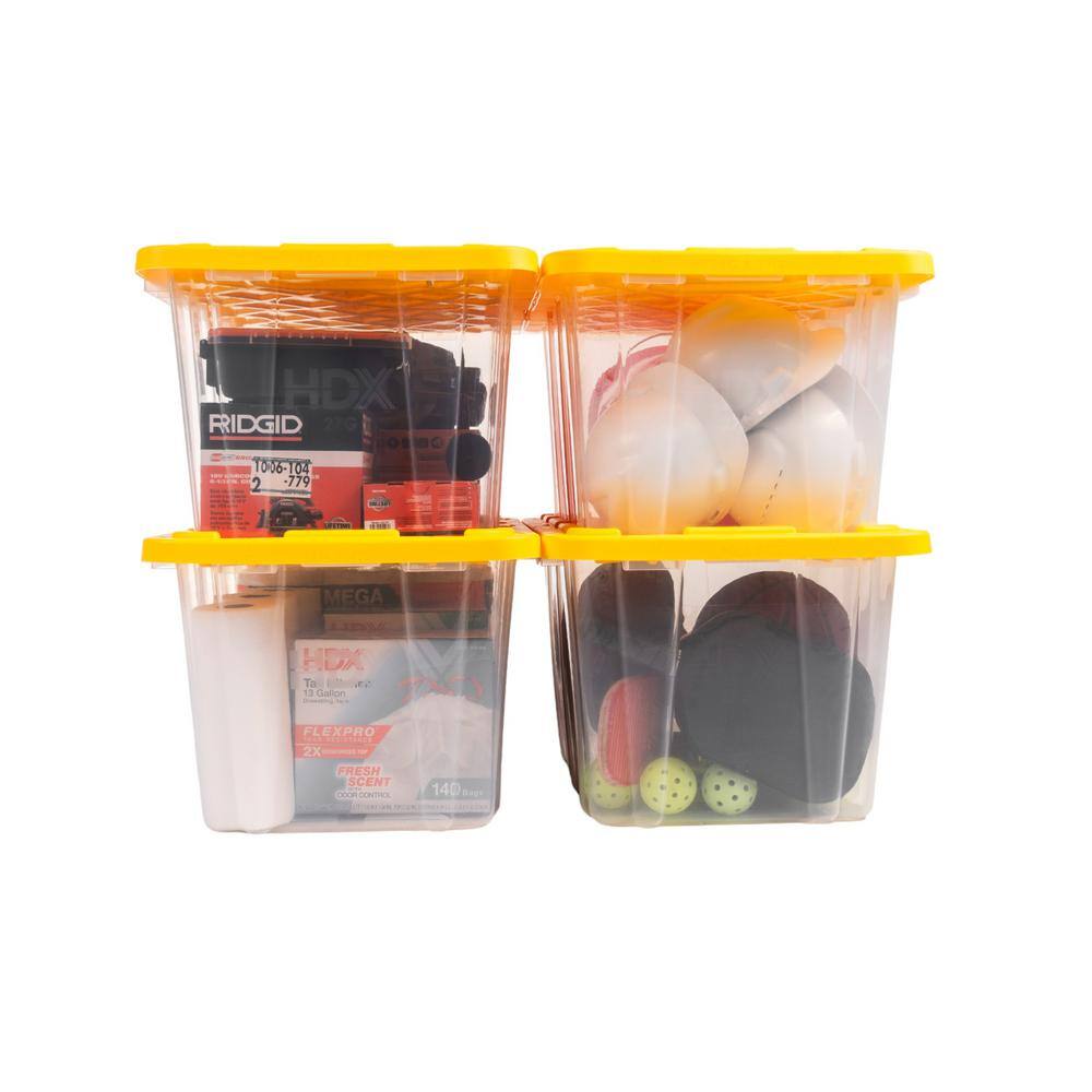 HDX 27 Gal. Tough Storage Tote in Clear with Yellow Lid (4-Pack) 999-HDX-27G-C4