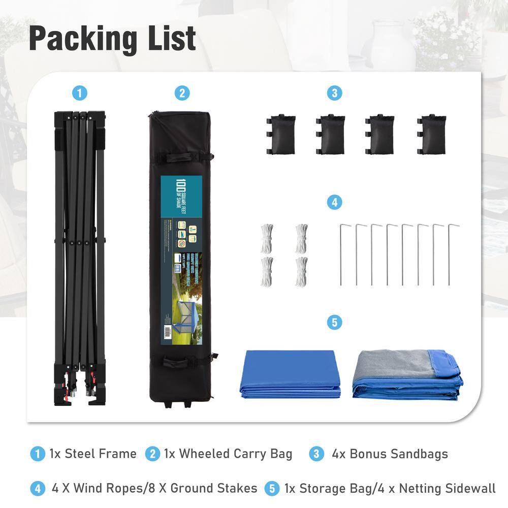 PHI VILLA 10 ft. x 10 ft. Blue Outdoor Patio Pop-Up Canopy with Netting THD-GA025-BL