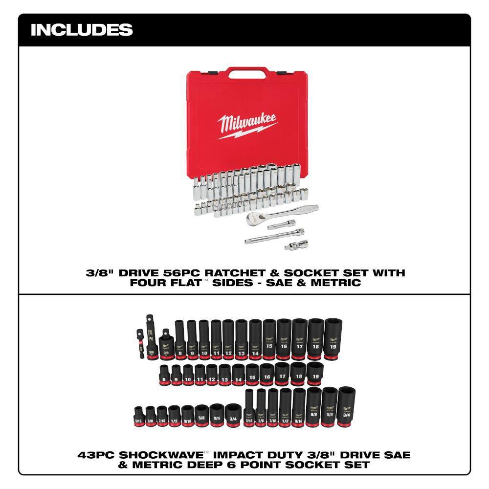 Milwaukee 3/8 in. Drive SAE/Metric Ratchet and Socket Mechanics Tool Set with 3/8 in. SAE/Metric Impact Socket Set (99-Piece) 48-22-9008-49-66-7009