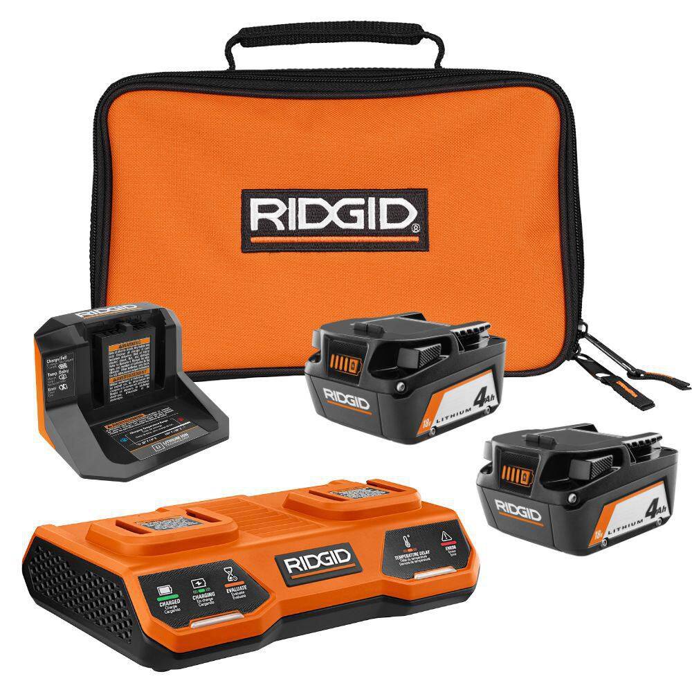 RIDGID 18V (2) 4.0 Ah Batteries and Charger Kit with 18V Dual Port Simultaneous Charger AC93044SBN-AC86095