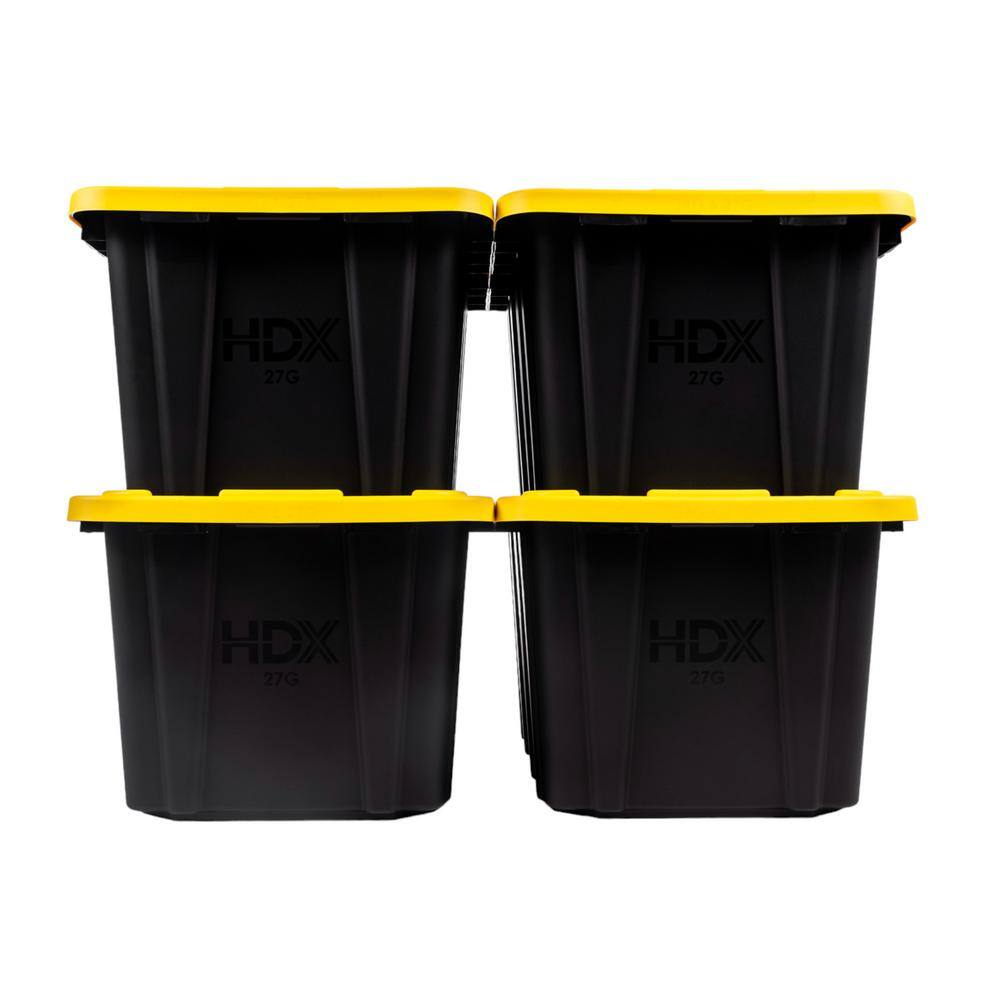 HDX 27 Gal. Tough Storage Tote in Black with Yellow Lid (4-Pack) 999-HDX-27G-4