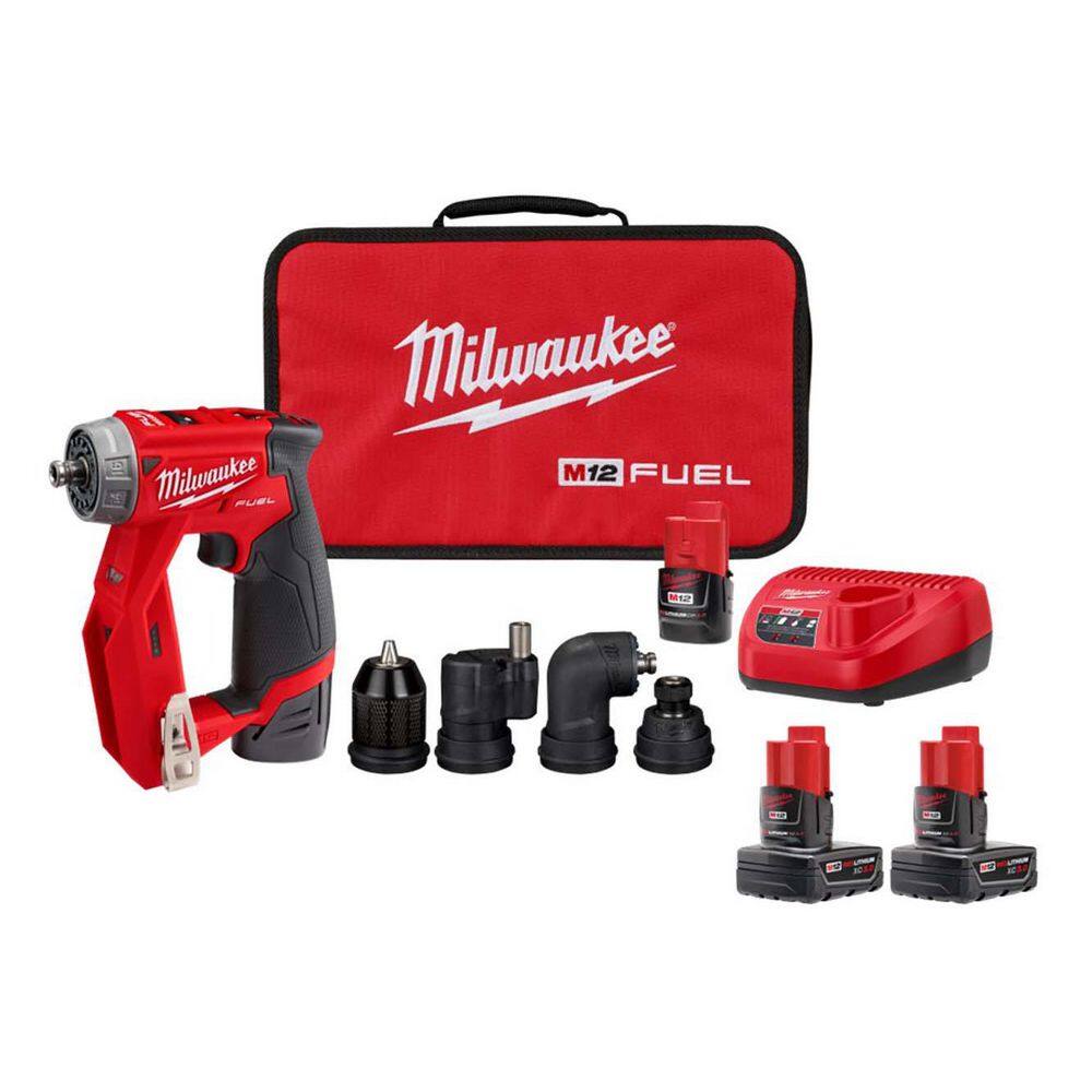 Milwaukee M12 FUEL 12V Lithium-Ion Brushless Cordless 4-in-1 Installation 3/8 in. Drill Driver Kit and 3.0 Ah Battery (2-Pack) 2505-22-48-11-2412