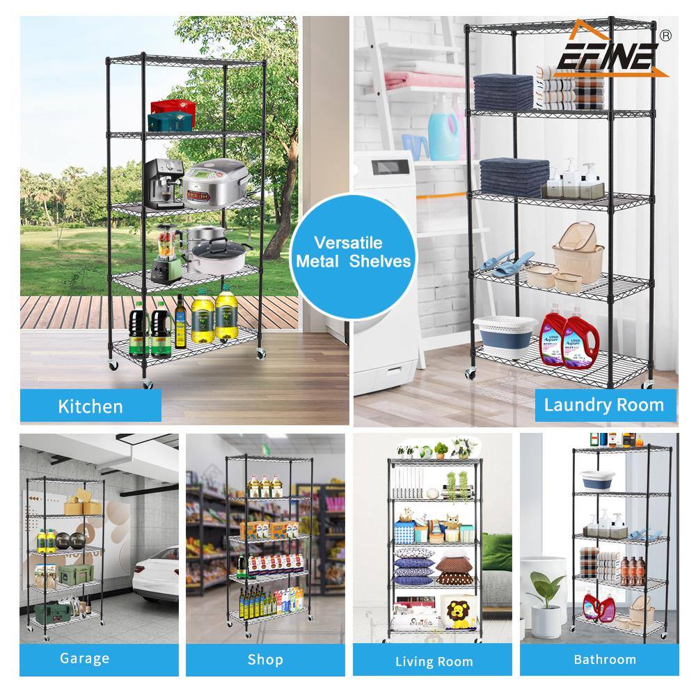 EFINE Black 5-Tier Rolling Carbon Steel Wire Garage Storage Shelving Unit with Casters (30 in. W x 63 in. H x 14 in. D) RL200-5W