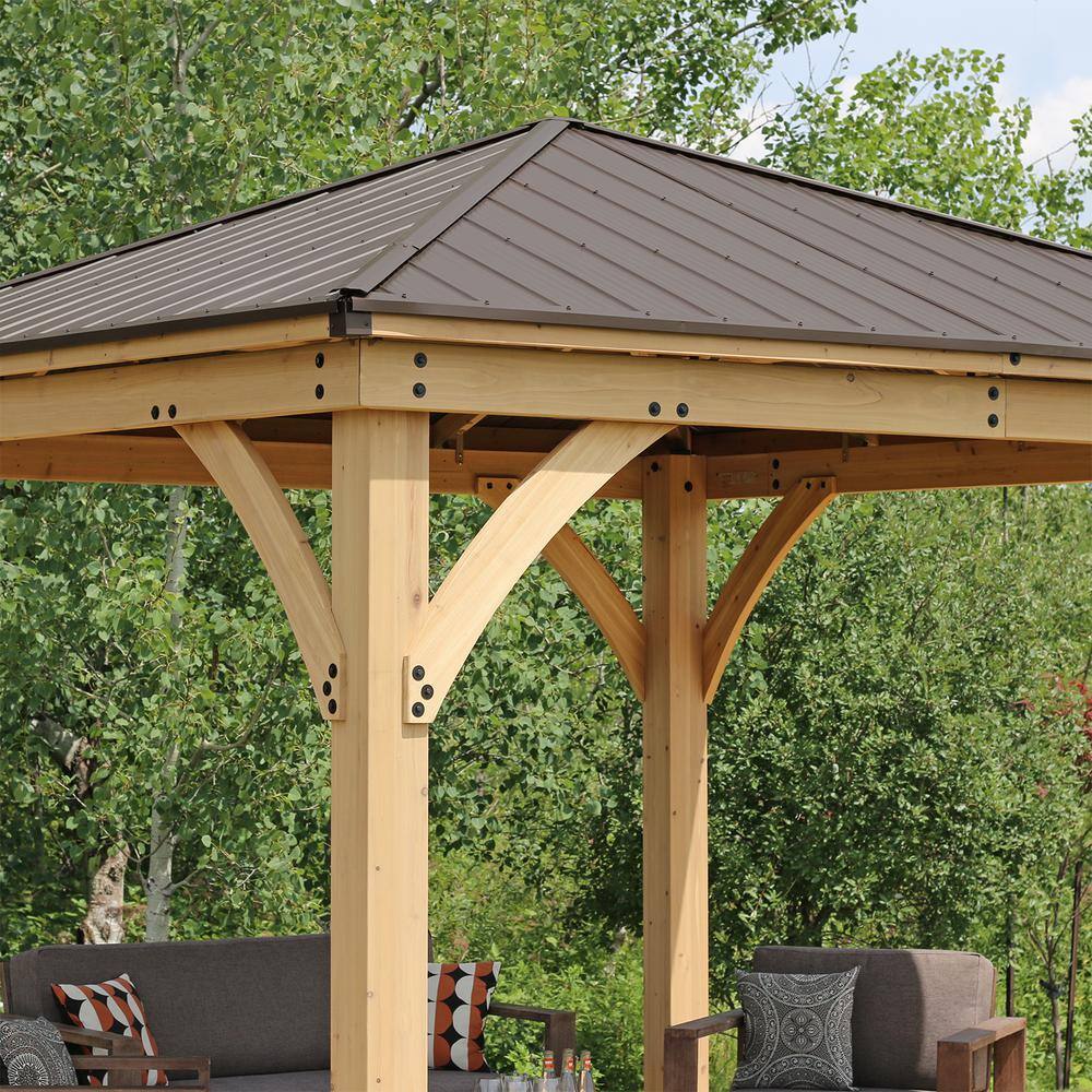 Yardistry Professionally Assembled Meridian 12 ft. x 12 ft. Premium Cedar Outdoor Patio Shade Gazebo with Brown Aluminum Roof 64003-2