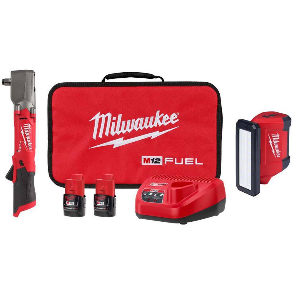 Milwaukee M12 FUEL 12V Lithium-Ion Brushless Cordless 1/2 in. Right Angle Impact Wrench Kit w Two 2.0 Ah Batteries & ROVER Light 2565-22-2367-20