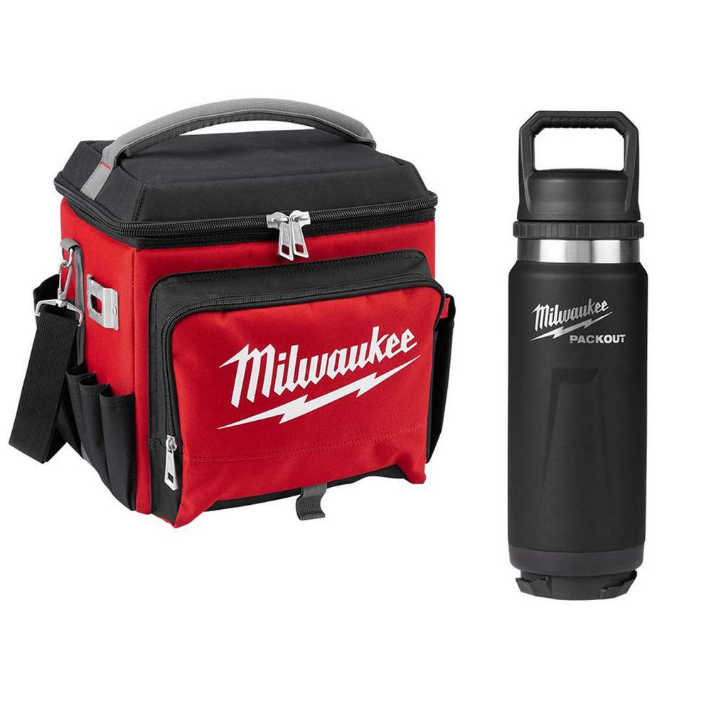 Milwaukee 22 Qt. Soft Sided Jobsite Lunch Cooler with PACKOUT Black 24 oz. Insulated Bottle with Chug Lid 48-22-8250-48-22-8396B