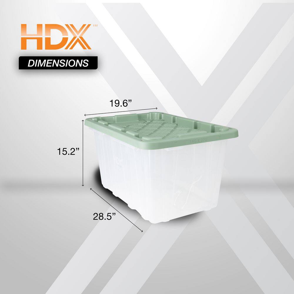 HDX 27 Gal. Tough Storage Tote in Clear with Versatile Green Lid (4-Pack) 999-HDX-272407C