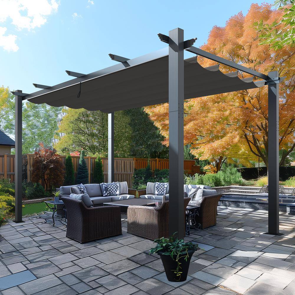 VEIKOUS 16 ft. W x 12 ft. D Aluminum Pergola Outdoor with Dark Gray Retractable Canopy PG0202-04GY