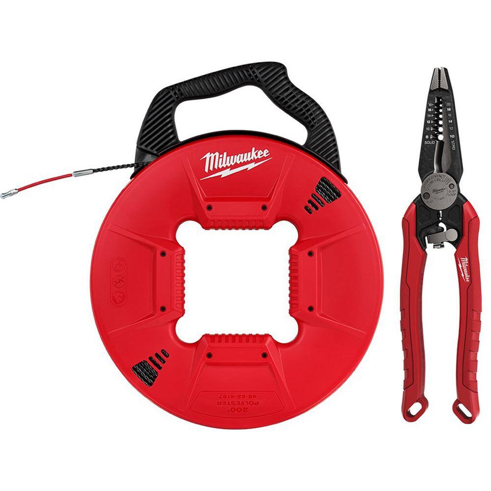 Milwaukee 200 ft. Polyester Fish Tape with Flexible Metal Leader with 7-in-1 Combination Wire Strippers Pliers 48-22-4197-48-22-3078