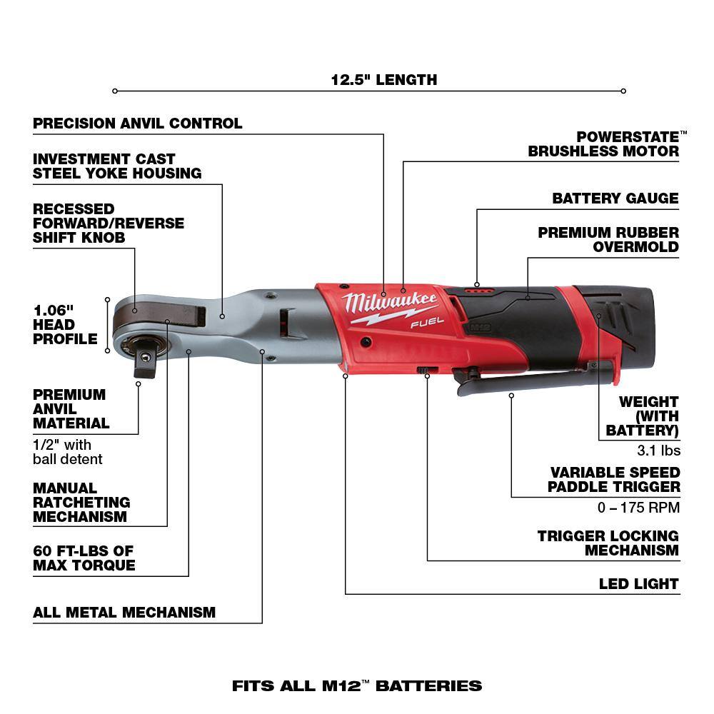 Milwaukee M12 FUEL 12V Li-Ion Brushless 1/2 in. Cordless Ratchet Kit w (2) 2. 0Ah Batteries, Charger, Bag & M12 ROVER Flood Light 2558-22-2367-20