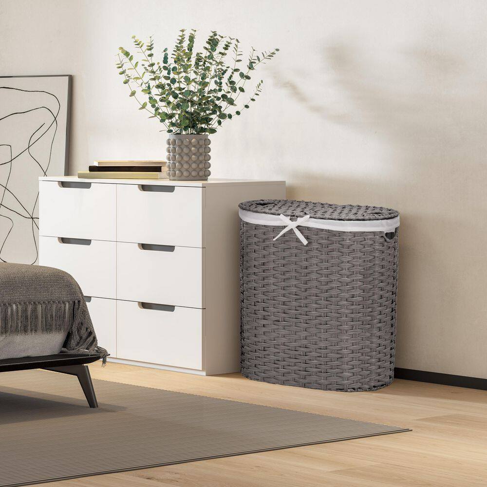 Seville Classics Gray 24 H x 22.75 W x 13 in. D Handwoven Plastic Contemporary Round Oval Double Laundry Room Hamper w/ Removable Liner STR06661B