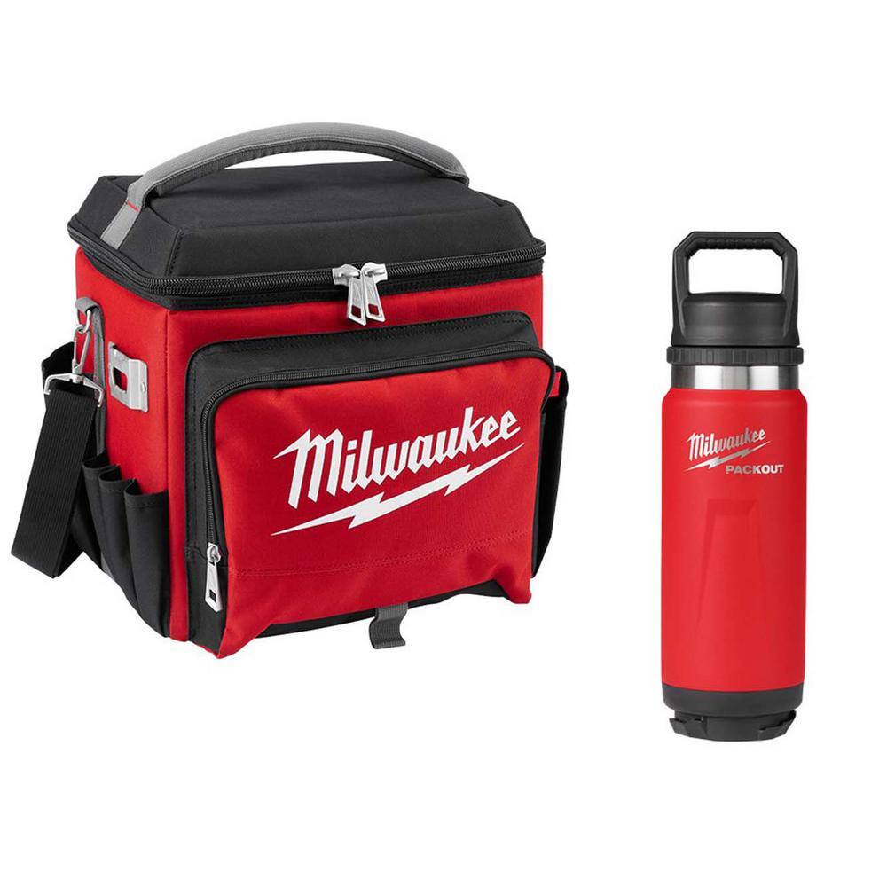 Milwaukee 21 Qt. Soft Sided Jobsite Lunch Cooler with PACKOUT Red 24 oz. Insulated Bottle with Chug Lid 48-22-8250-48-22-8396R