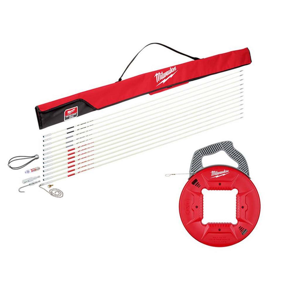 Milwaukee 60 ft. Fiberglass Fish Stick Low/Mid/High Flex Combo Kit with 240 ft. x 1/8 in. Stainless Steel Fish Tape 48-22-4156-48-22-4188