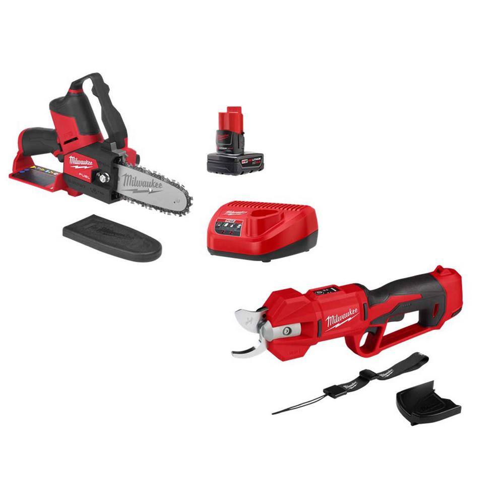 Milwaukee M12 12V Cordless Brushless Pruner Shears with M12 Pruning Saw HATCHET, 4.0 Ah Battery, Charger 2534-20-2527-21