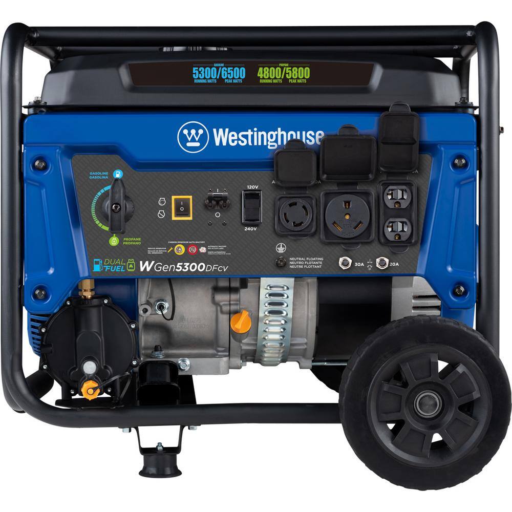 Westinghouse 6,500/5,300-Watt Dual Fuel Gas and Propane Powered Portable Generator with Digital Display, 30A 120/240V Outlet WGen5300DFcv