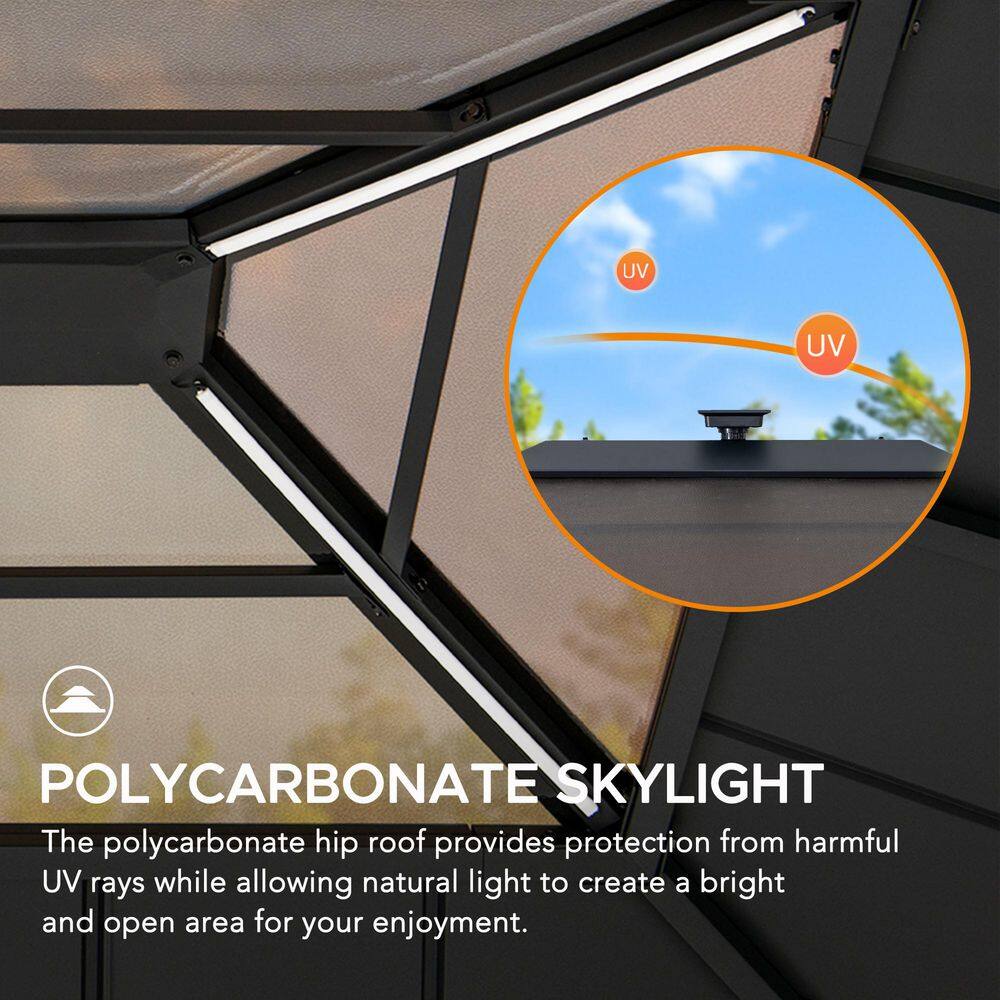 Sunjoy 11 ft. x 13 ft. Grayden Cedar Framed Gazebo with Black Steel and Polycarbonate Hip Roof with Solar Powered LED Lights A102005890