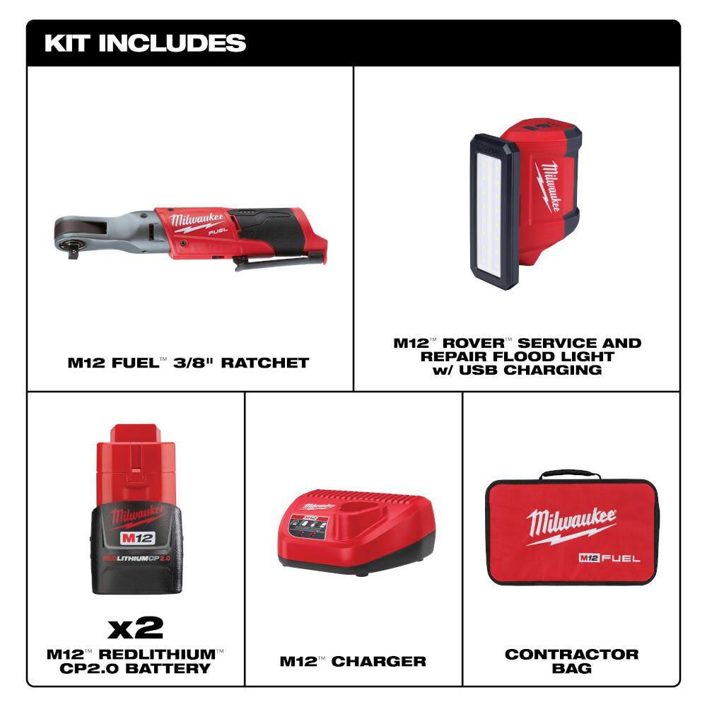 Milwaukee M12 FUEL 12V Li-Ion Brushless 3/8 in. Cordless Ratchet Kit w (2) 2. 0Ah Batteries, Charger, Bag & M12 ROVER Flood Light 2557-22-2367-20