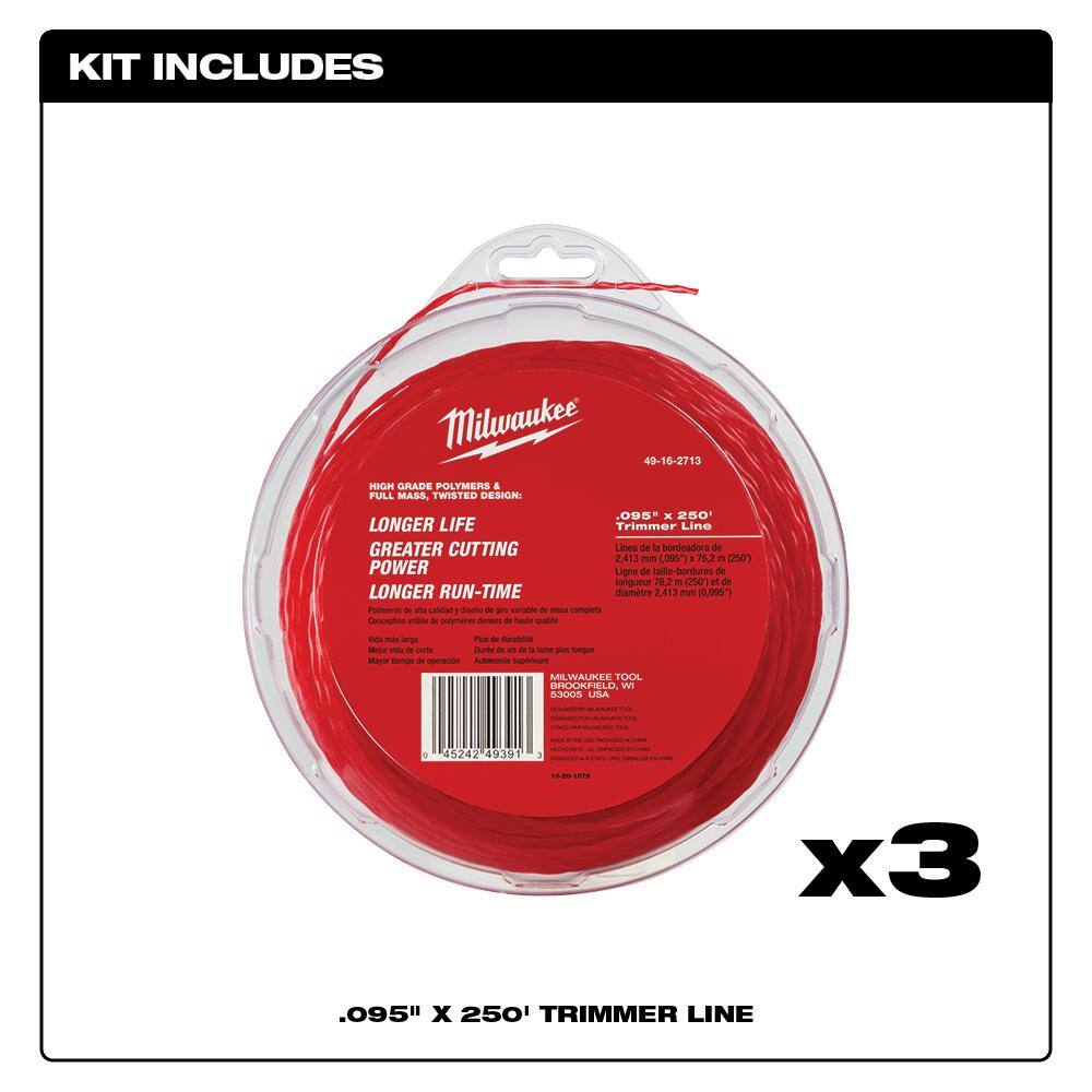 Milwaukee 0.095 in. x 250 ft. Trimmer Line (3-Pack) 49-16-2713-49-16-2713-49-16-2713