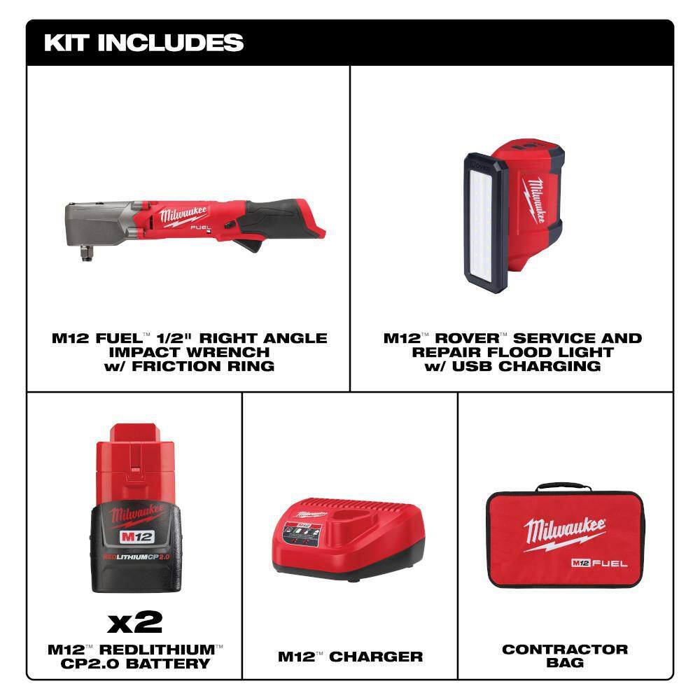 Milwaukee M12 FUEL 12V Lithium-Ion Brushless Cordless 1/2 in. Right Angle Impact Wrench Kit w Two 2.0 Ah Batteries & ROVER Light 2565-22-2367-20