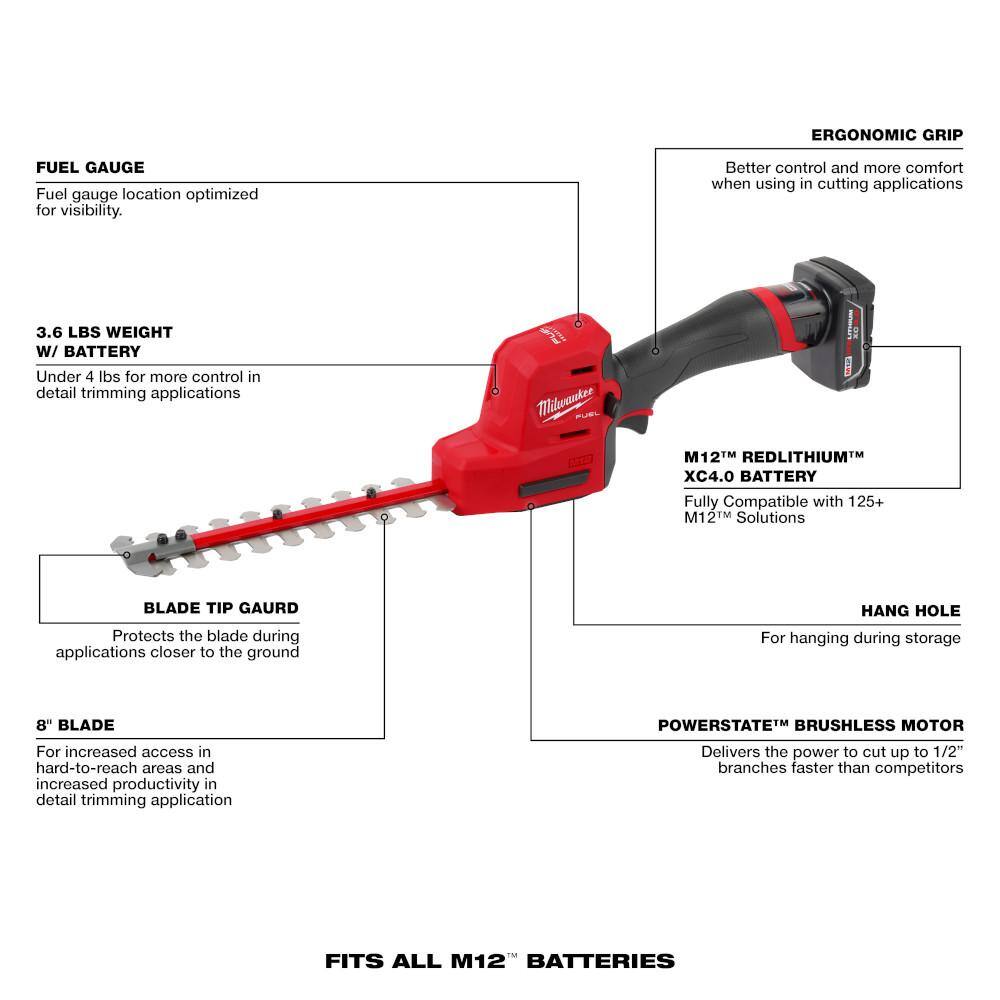 Milwaukee M12 12V Cordless Brushless Pruner Shears with M12 8 in. Hedge Trimmer, 4.0 Ah Battery, Charger 2534-20-2533-21