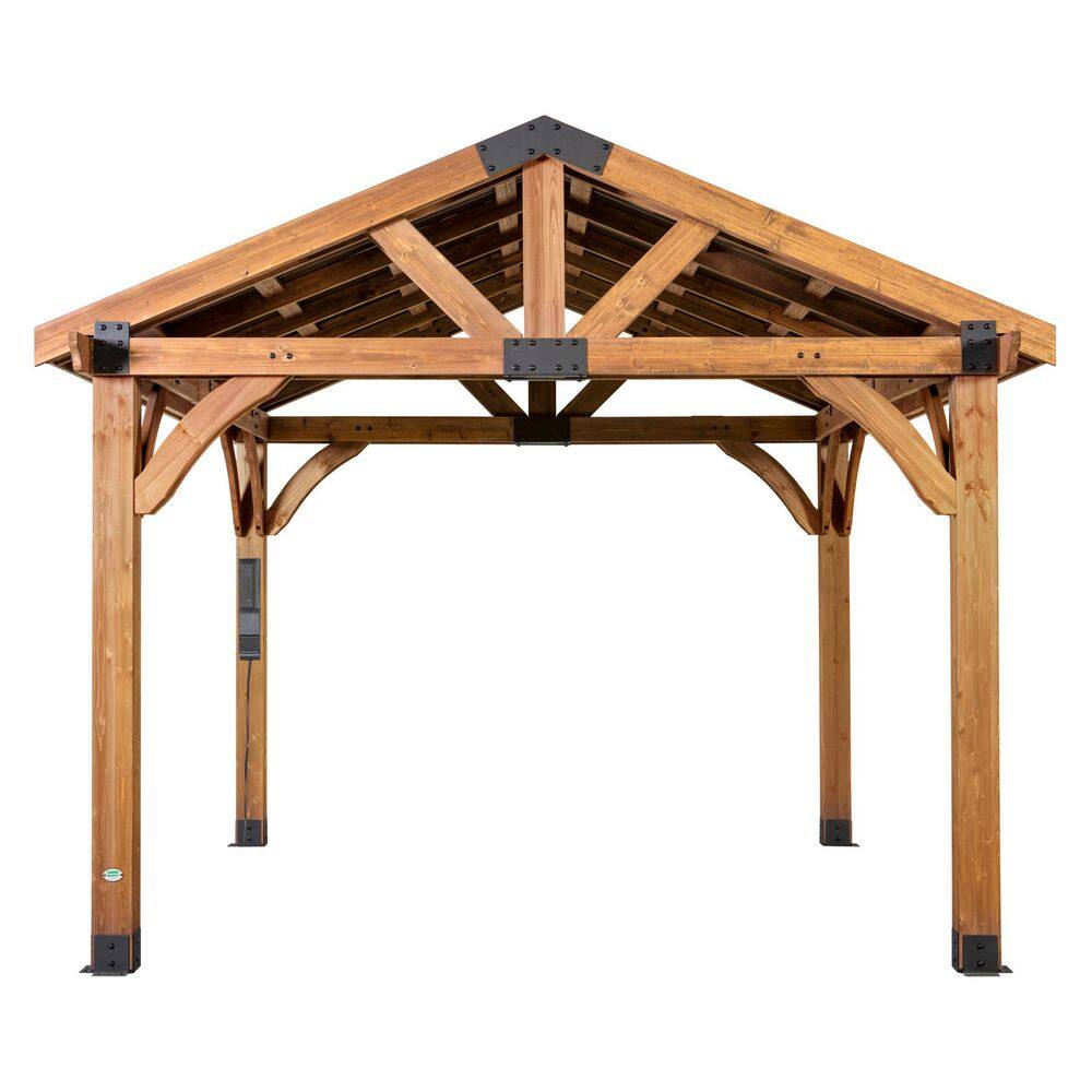 Backyard Discovery Arlington 12 ft. x 12 ft. All Cedar Wood Outdoor Gazebo Structure with Hard Top Steel Metal Peak Roof and Electric 2001527COM