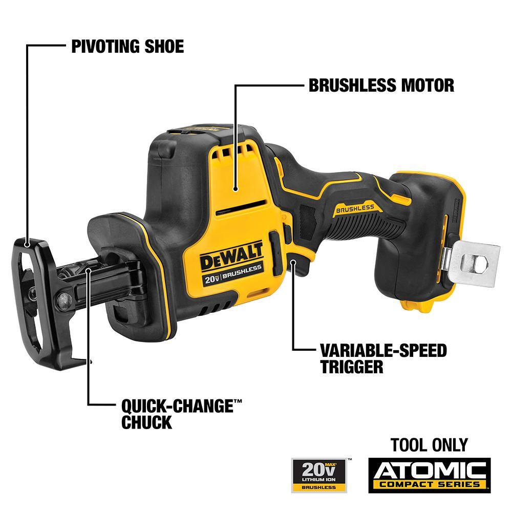DEWALT ATOMIC 20V MAX Cordless Brushless Compact Reciprocating Saw, (1) 20V 6.0Ah and (1) 20V 4.0Ah Batteries, and Charger DCS369BWCB2460C