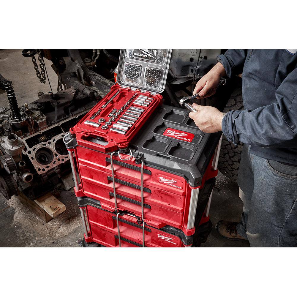 Milwaukee 3/8 in. Drive SAE Ratchet and Socket Mechanics Tool Set with Packout Case and Packout Mounting Plate (29-Piece) 48-22-9481-48-22-8485
