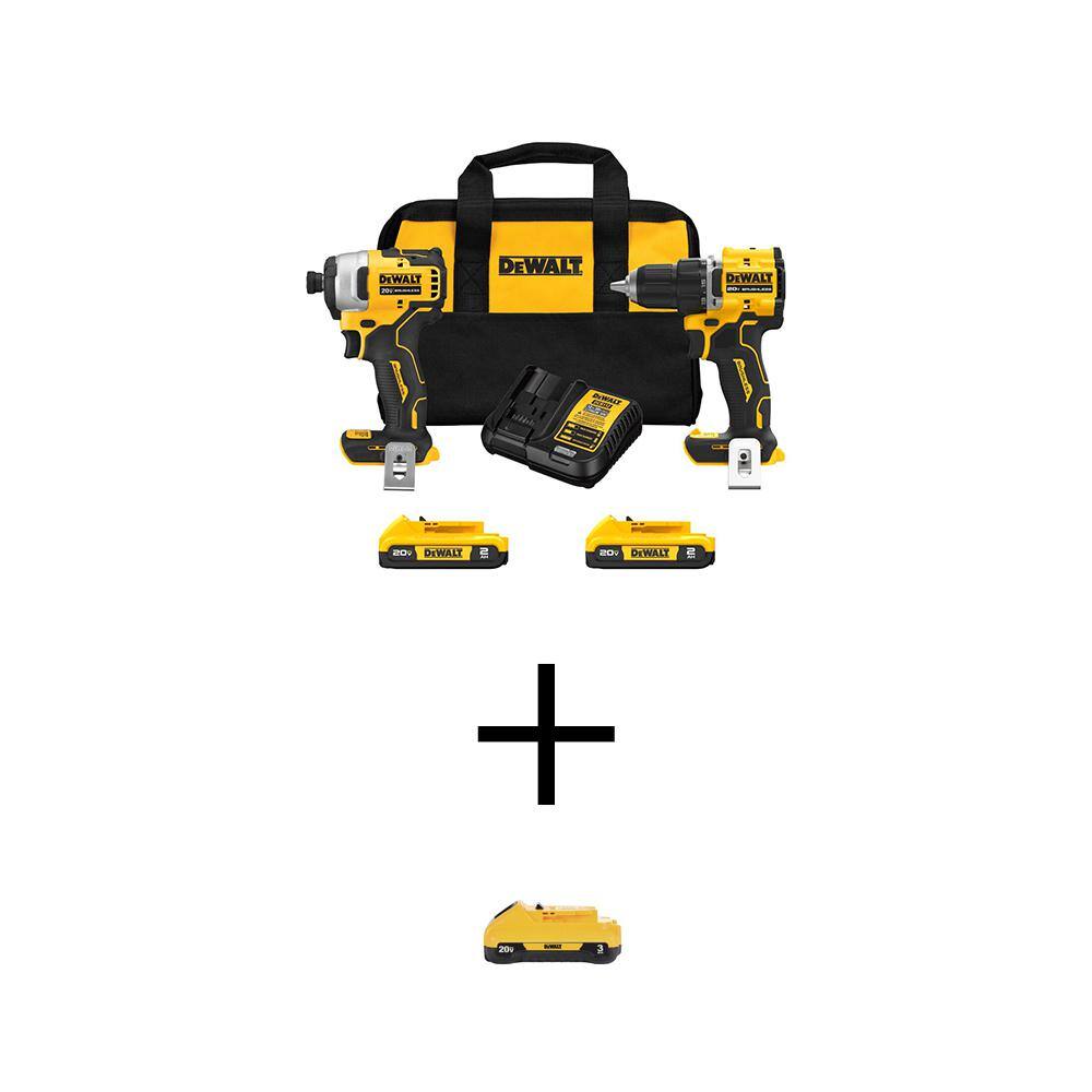 DEWALT ATOMIC 20V MAX Lithium-Ion Cordless Combo Kit (2-Tool) with 3.0Ah Compact Battery, (2) 2.0Ah Batteries, Charger and Bag DCK225D2WDCB230