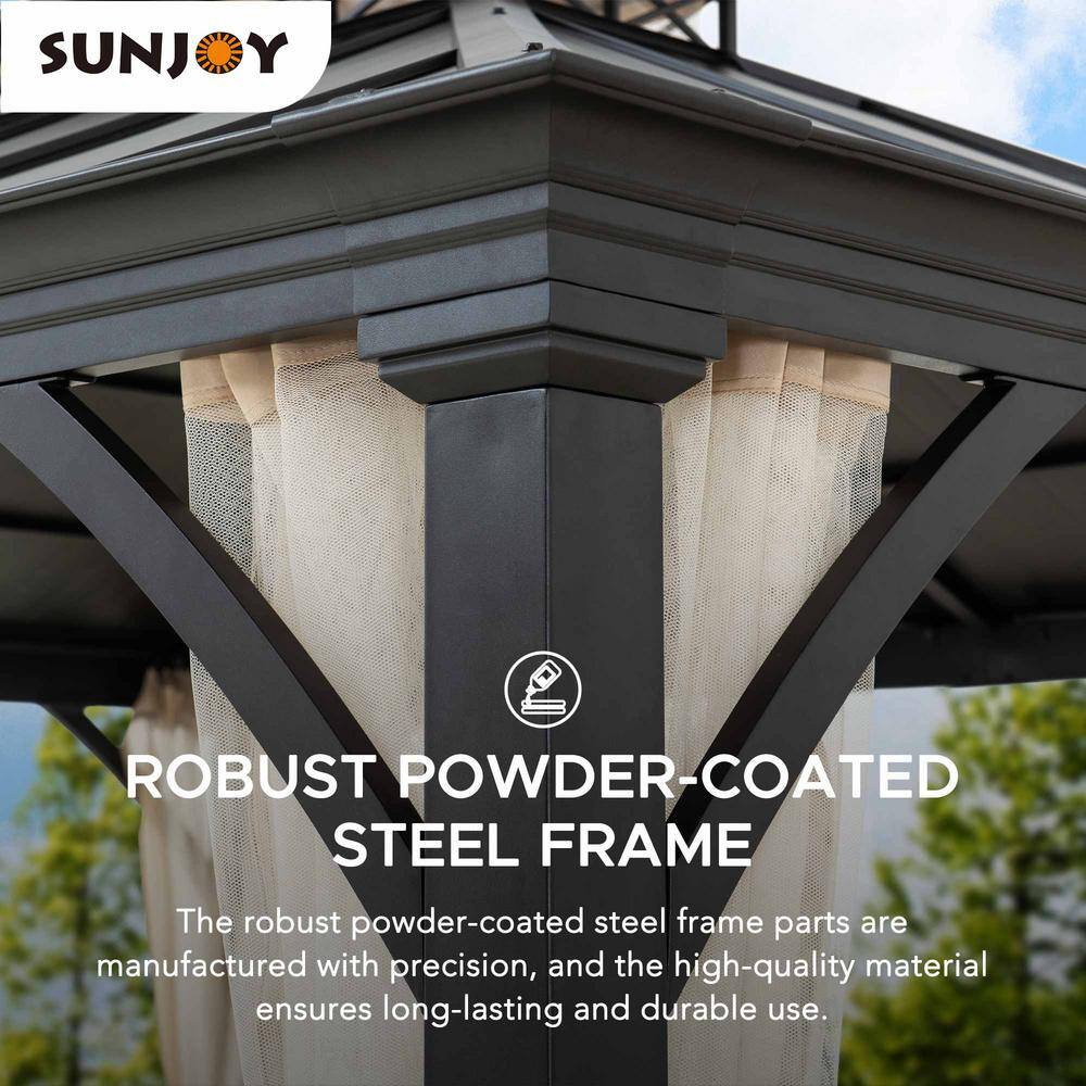 Sunjoy 11 ft. x 13 ft. Black Power-Coated 2-Tier Steel Roof Backyard Hardtop Gazebo with Metal Ceiling Hook and Netting A102006920