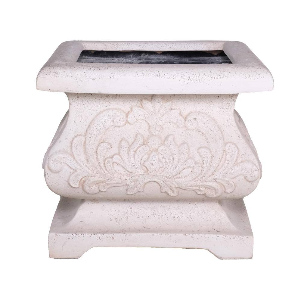 MPG 18 in. sq. Light Aged White Cast Stone Fiberglass Bombe Planter PF5795LAW