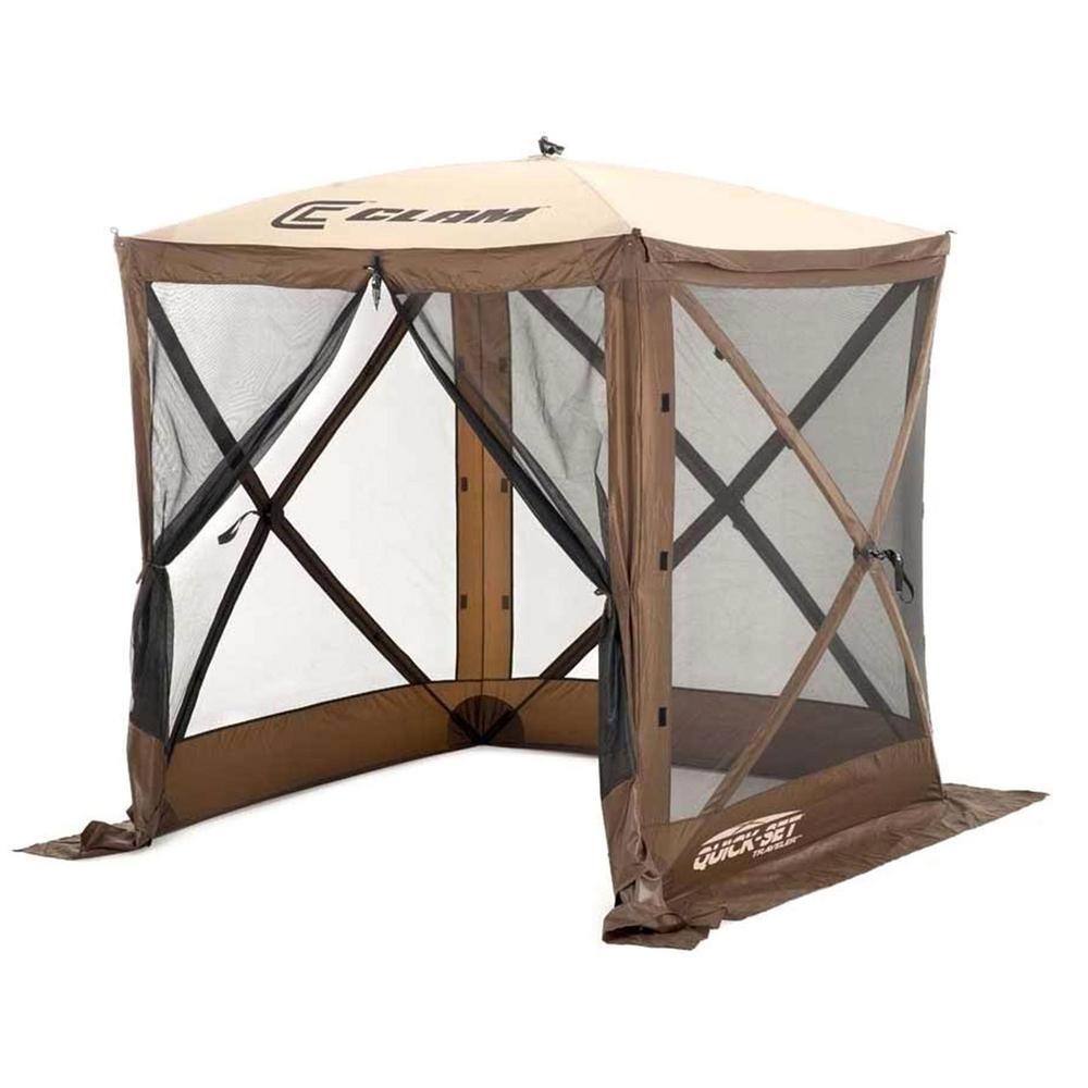 Clam Traveler Screen Shelter 4-Side in Brown/Tan Roof/Black Mesh with Wind Panel CLAM-TV-9881