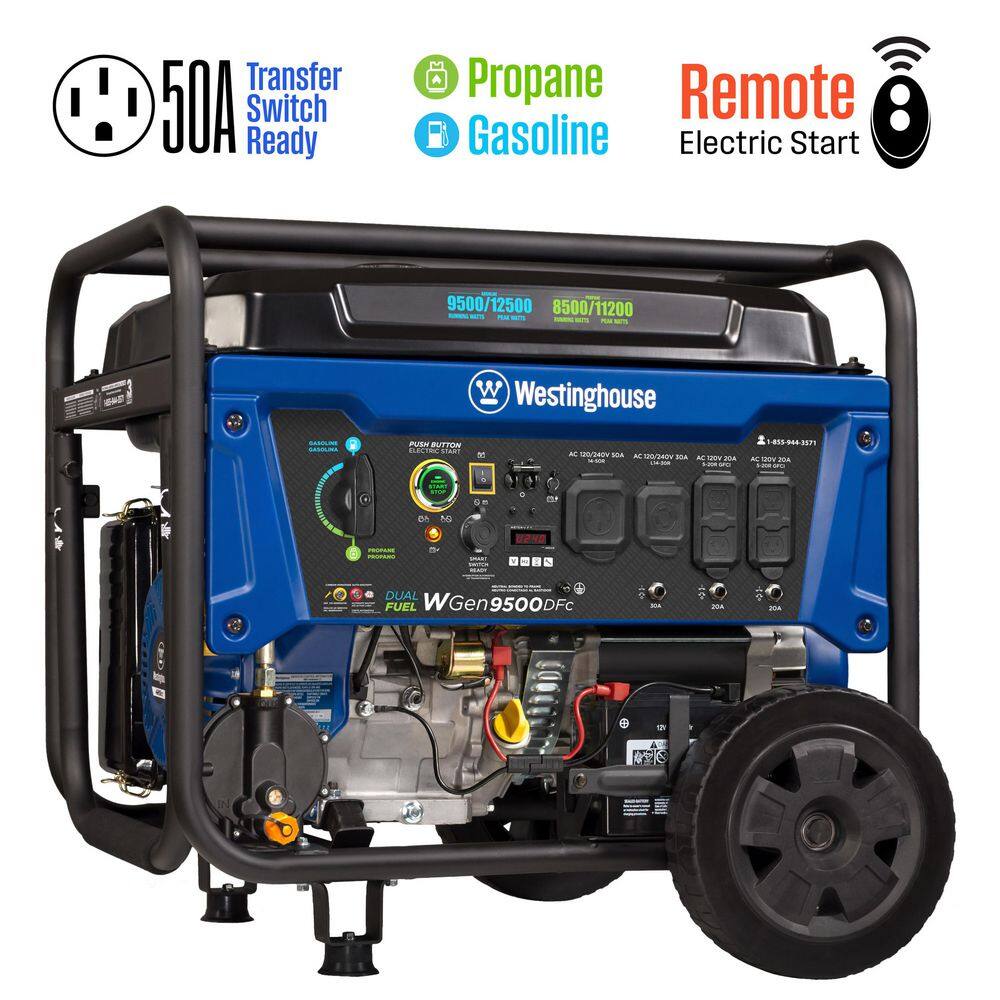 Westinghouse 12,500/9,500-Watt Dual Fuel Gas and Propane Powered Portable Generator with Remote Electric Start, 50 Amp Outlet WGen9500DFc
