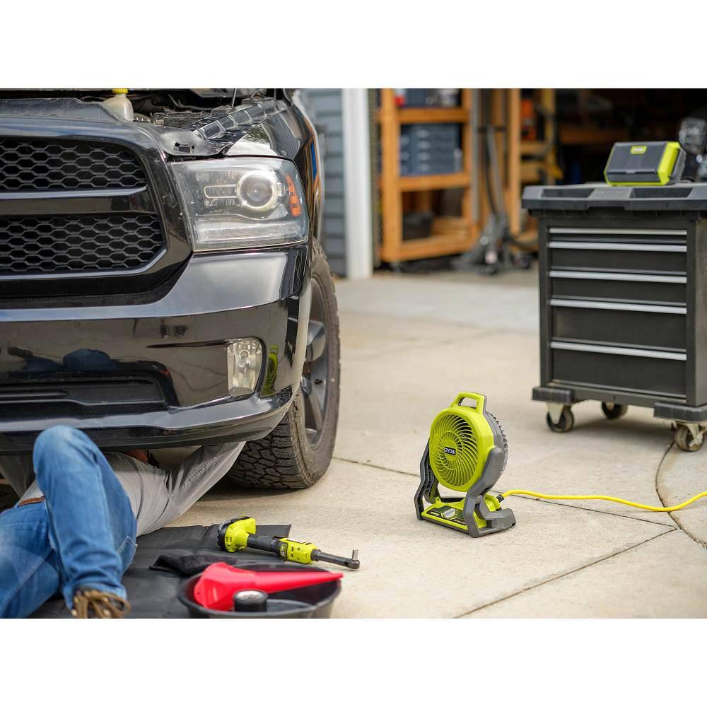 RYOBI ONE+ 18V HIGH PERFORMANCE Kit w/ (2) 4.0 Ah Batteries, 2.0 Ah Battery, Charger, & ONE+ 18V Hybrid 7-1/2 in. Fan PSK108SB-PCL811B