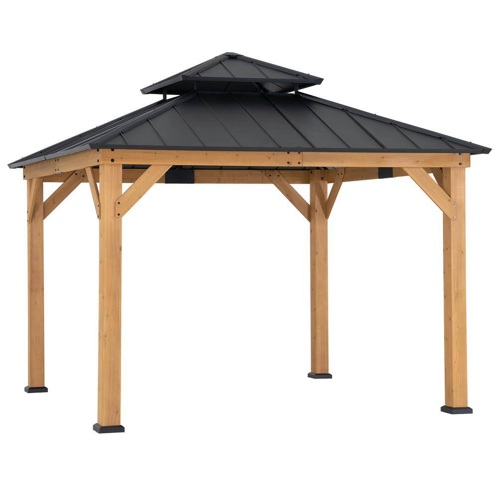 Sunjoy 11 ft. x 11 ft. Black 2-Tier Wooden Frame Hardtop Gazebo for Garden, Backyard Shade with Ceiling Hook A102007390