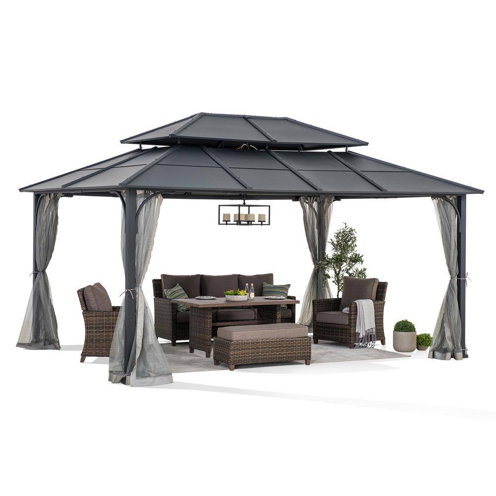 Sunjoy 12 ft. x 16 ft. Black Steel Gazebo with 2-tier Hip Roof Hardtop and Ceiling Hook and Removable Netting Sidewalls A102009141