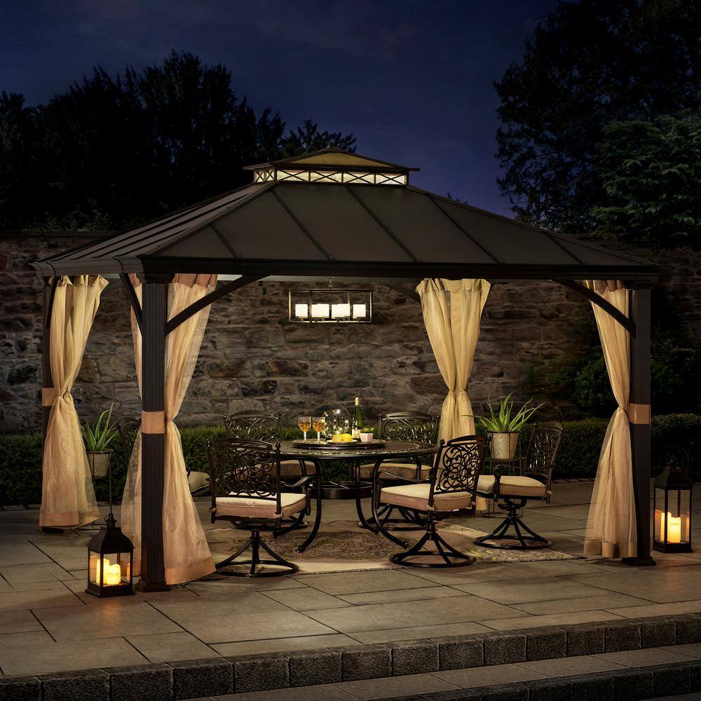 Sunjoy 11 ft. x 13 ft. Black 2-Tier Aluminum Frame and Steel Hardtop Gazebo with Metal Ceiling Hook and Netting for Backyard A102006902