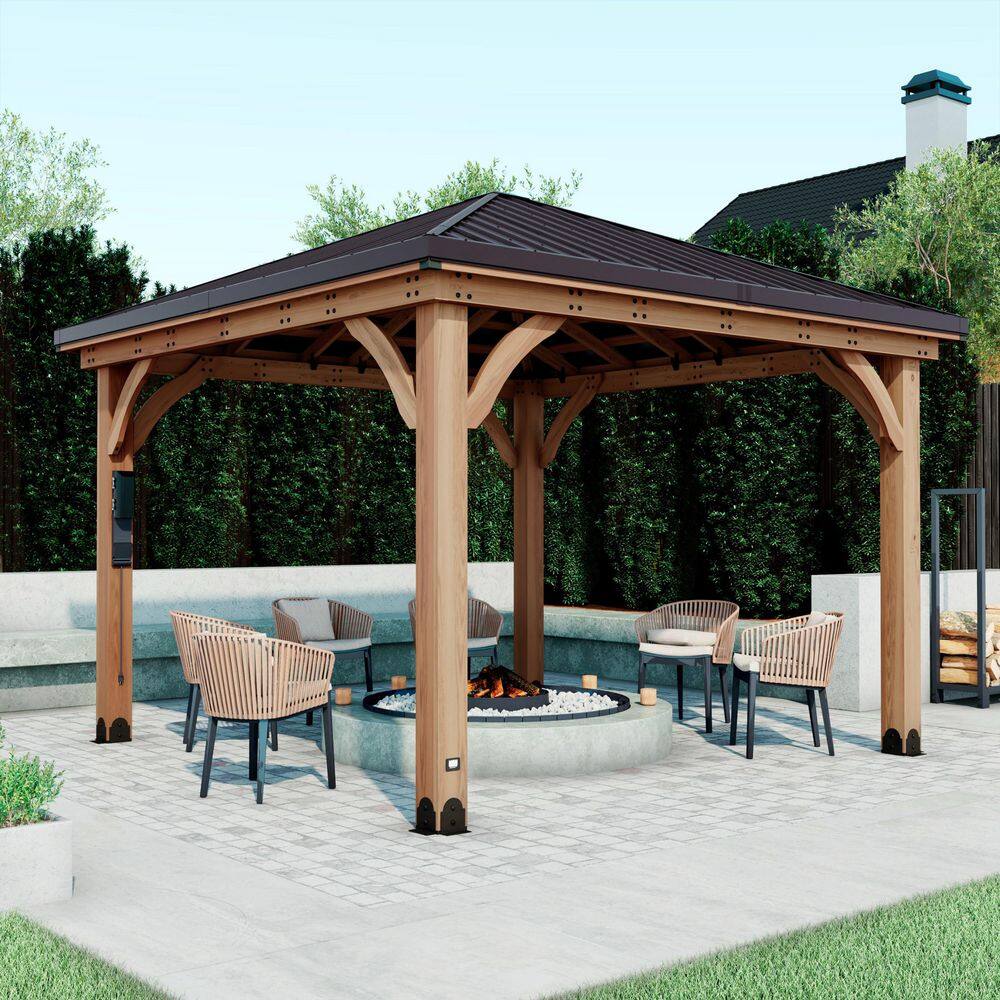 Backyard Discovery Barrington 12 ft. x 12 ft. Light Brown Cedar Wood Outdoor Patio Gazebo with Hardtop Galvanized Steel Hip Roof, PowerPort 2306226com