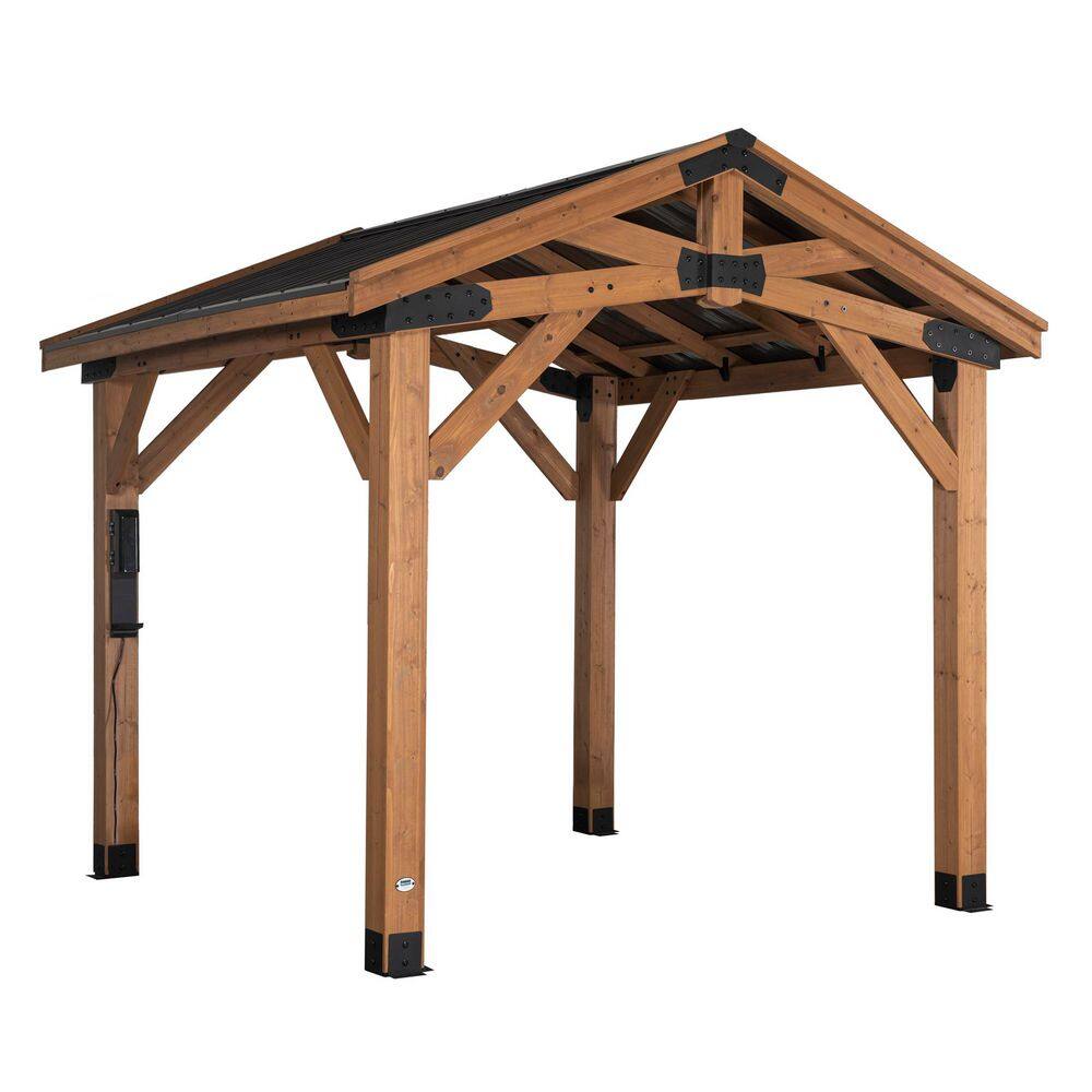 Backyard Discovery Norwood 10 ft. x 10 ft. All Cedar Wood Outdoor Gazebo Structure with Hard Top Steel Metal Peak Roof and Electric, Brown 2206069COM