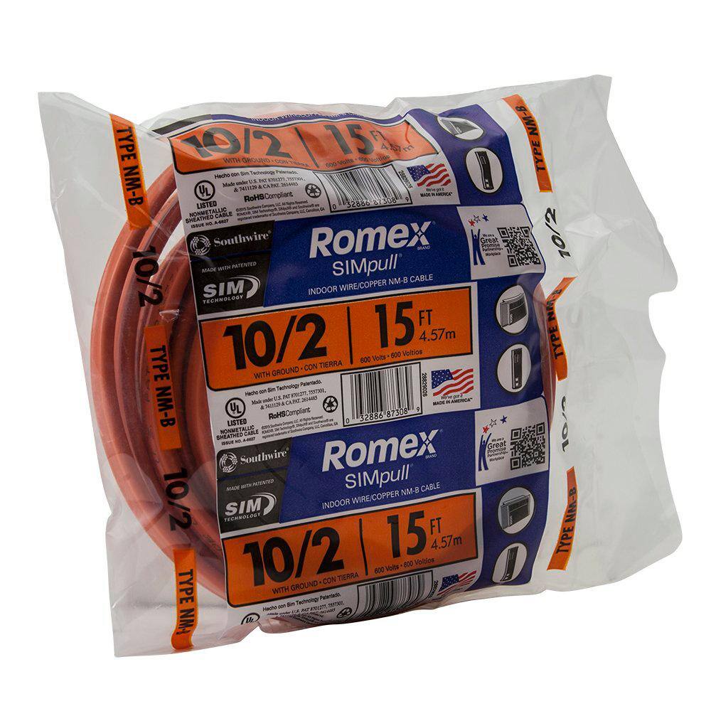 Southwire 15 ft. 10/2 Solid Romex SIMpull CU NM-B W/G Wire 28829026