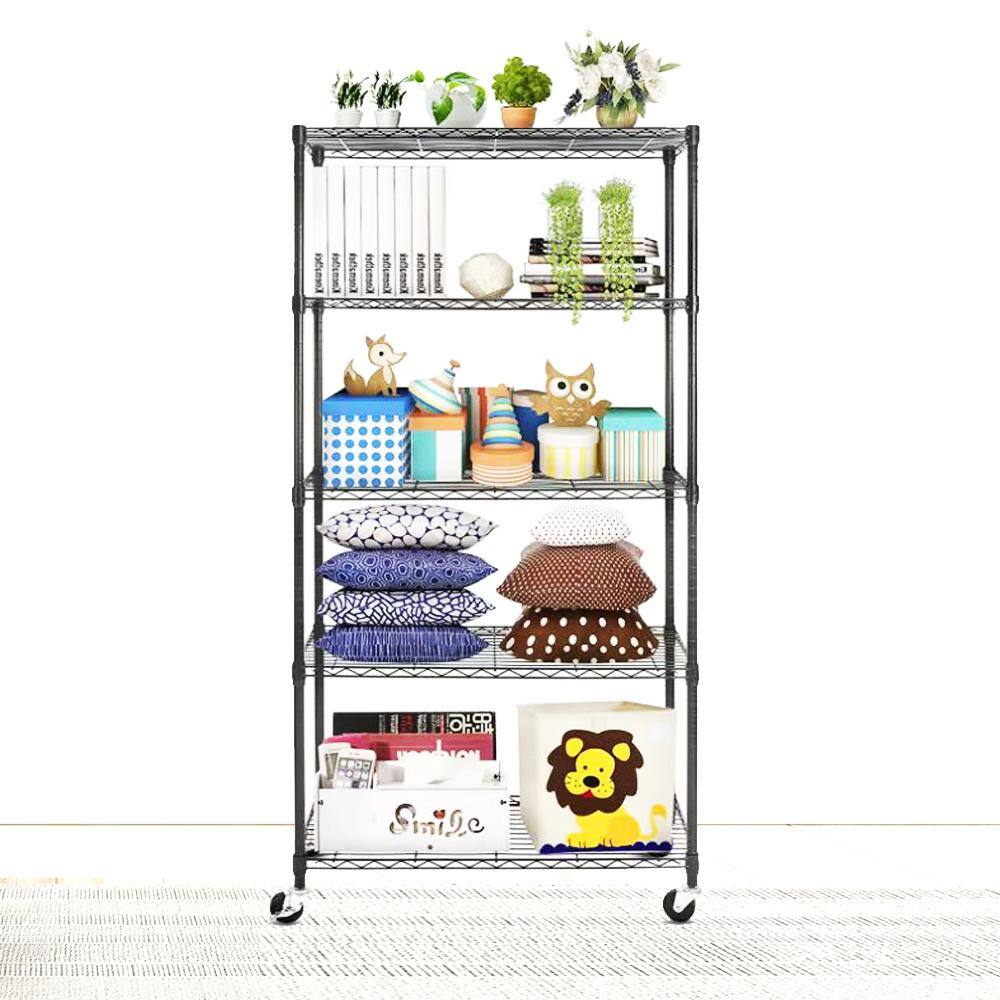 EFINE Black 5-Tier Rolling Carbon Steel Wire Garage Storage Shelving Unit with Casters (30 in. W x 63 in. H x 14 in. D) RL200-5W