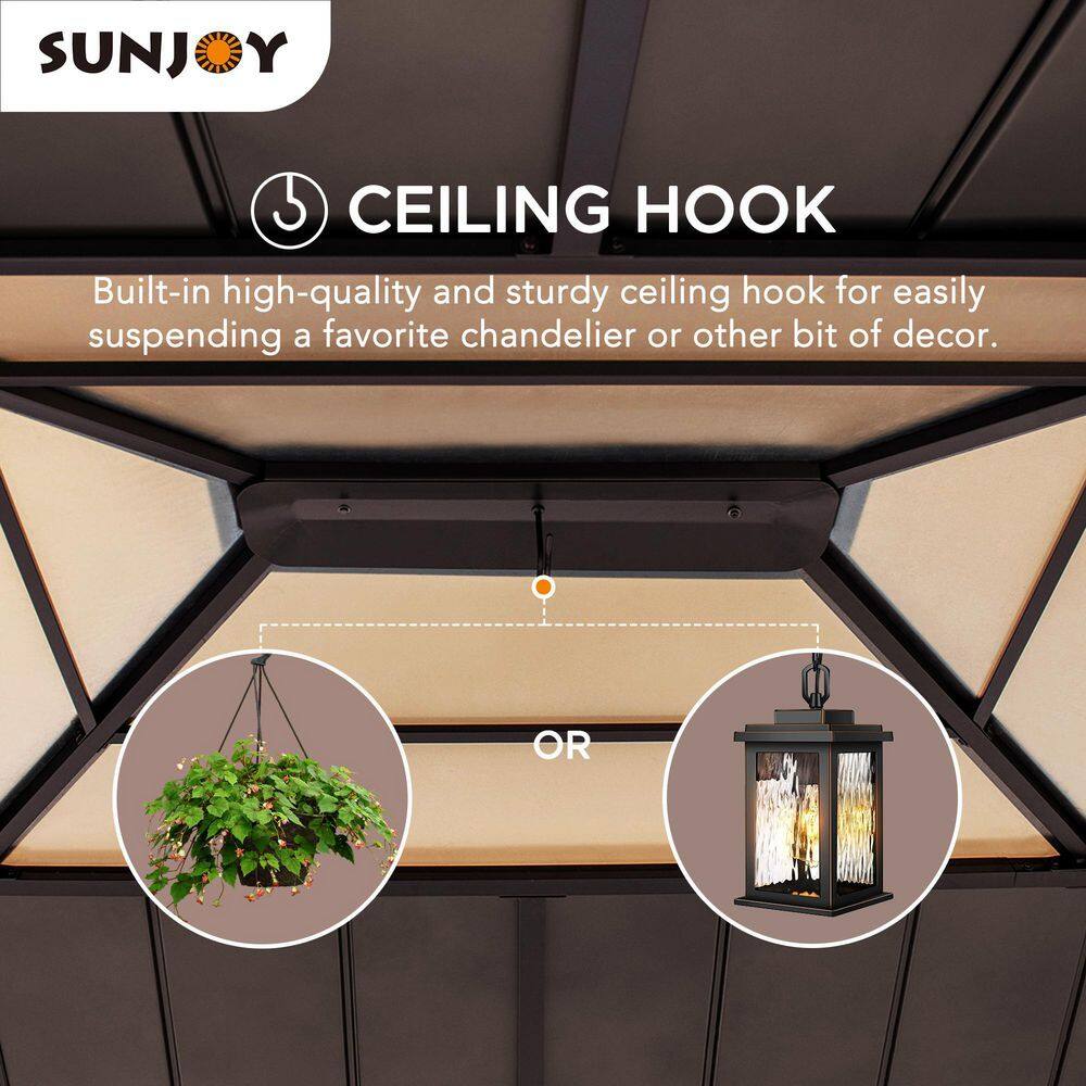Sunjoy Macie Outdoor Patio 13 ft. x 15 ft. Brown Wooden Frame Backyard Hardtop Gazebo with Ceiling Hook A102007602