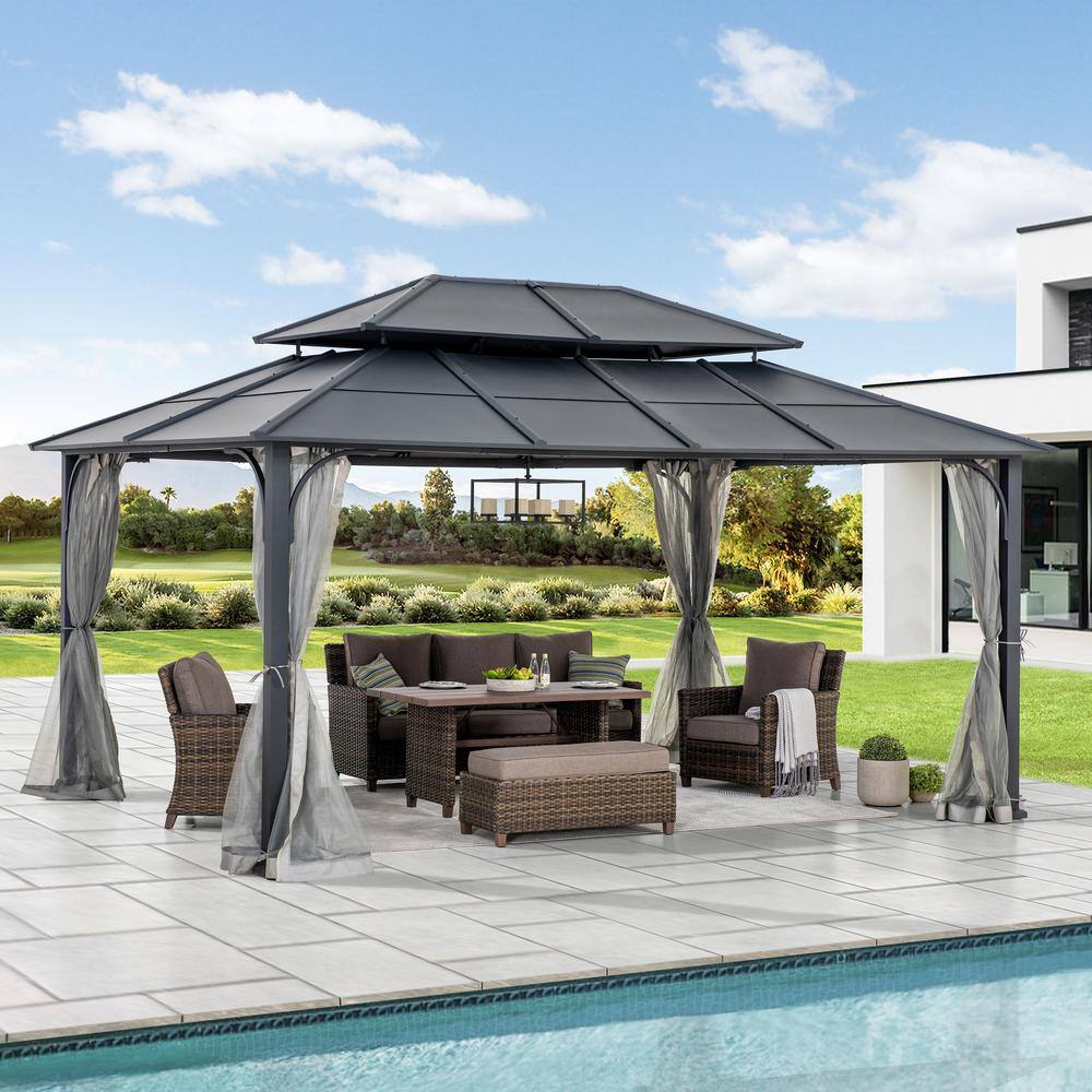 Sunjoy 12 ft. x 16 ft. Black Steel Gazebo with 2-tier Hip Roof Hardtop and Ceiling Hook and Removable Netting Sidewalls A102009141