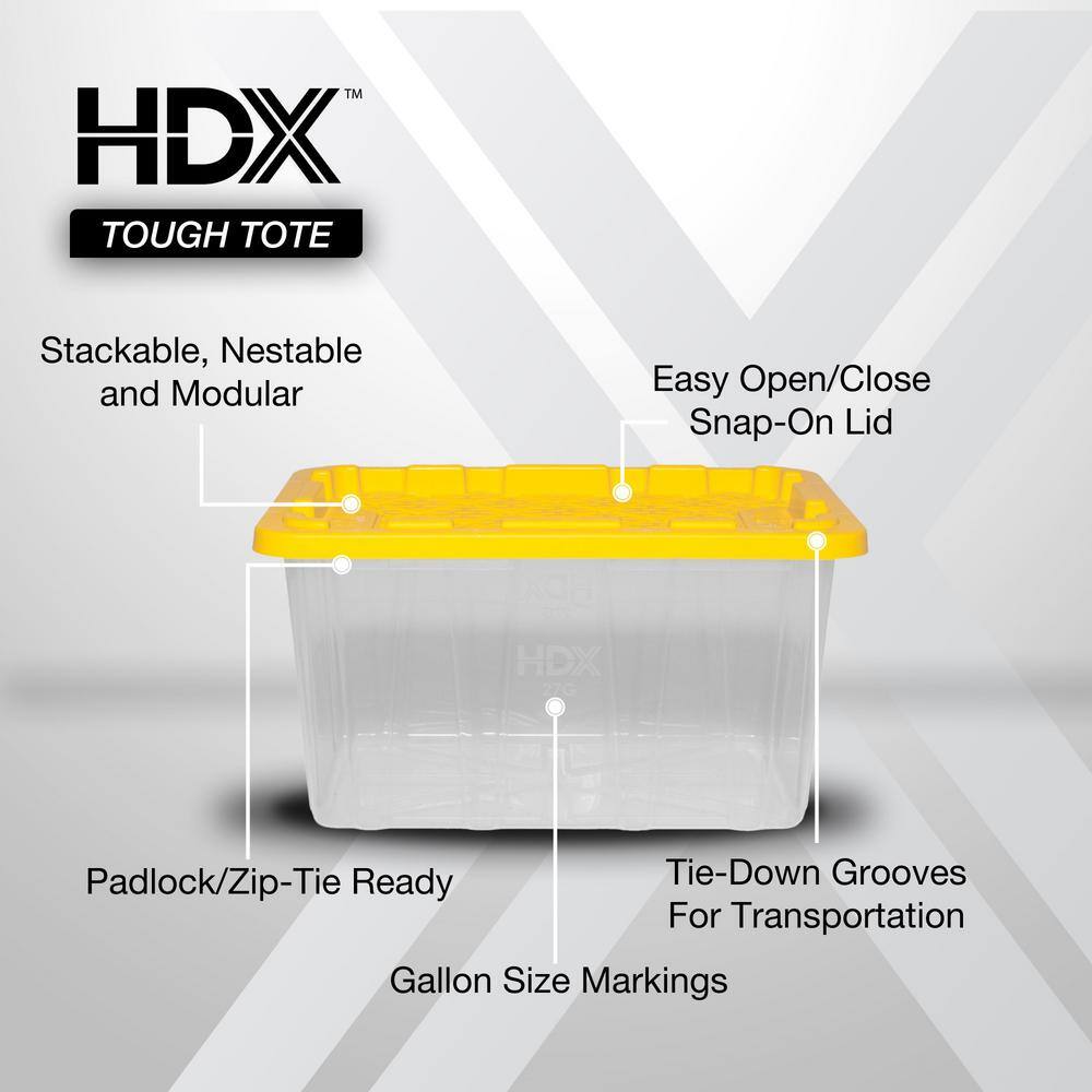 HDX 27 Gal. Tough Storage Tote in Clear with Yellow Lid (4-Pack) 999-HDX-27G-C4