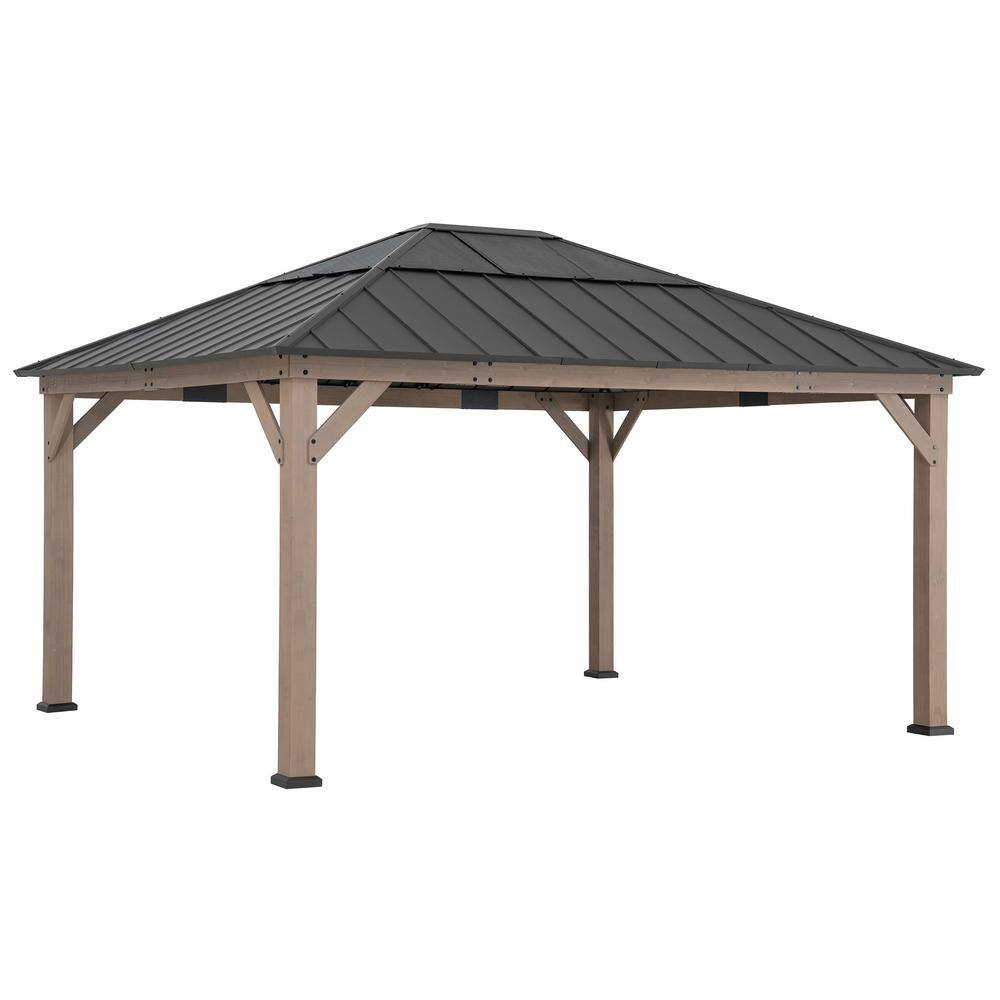 Sunjoy 13 ft. x 15 ft. Outdoor Patio Cedar Framed Wood Gazebo with Dark Brown Steel and Polycarbonate Hip Roof and Ceiling Hook A102007650