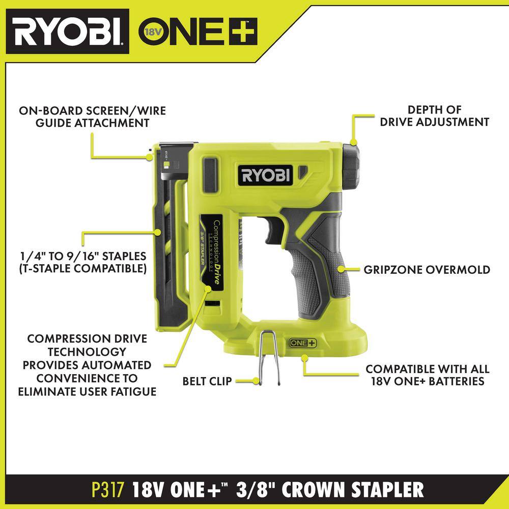 RYOBI ONE+ 18V Compression Drive Cordless 3/8 in. Crown Stapler P317